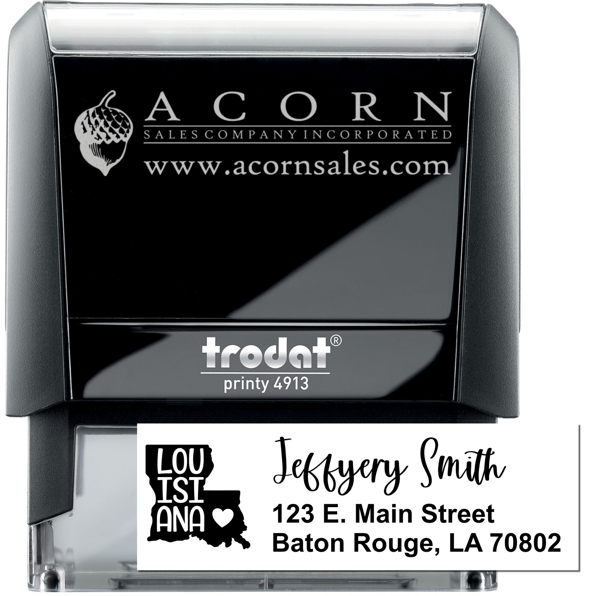 Custom self-inking rubber stamp for business logo, name and address; Trodat Printy 4913 mailing stamp.