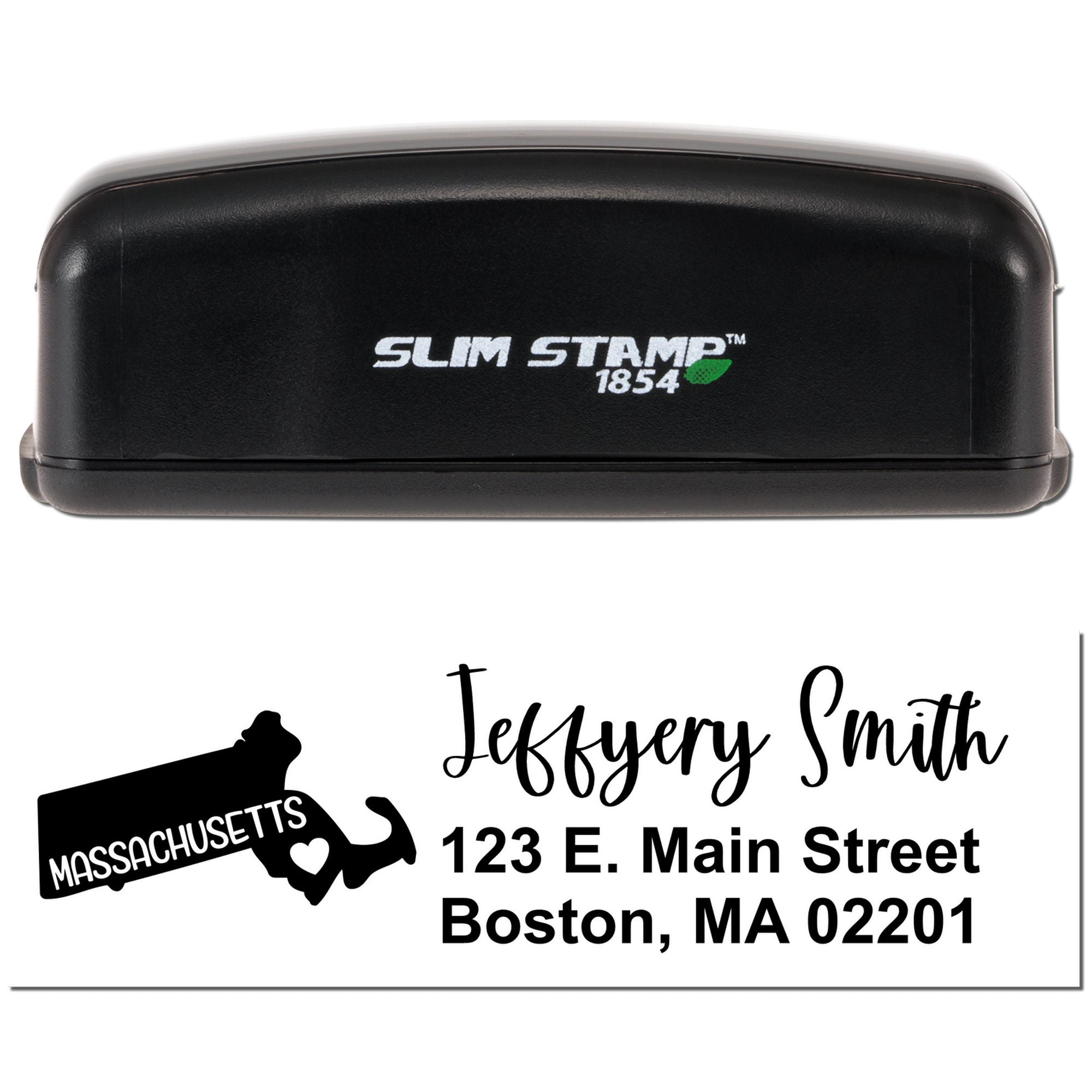 Custom self-inking rubber address stamp featuring Massachusetts return address, Jeffrey Smith, Boston, MA 02201.