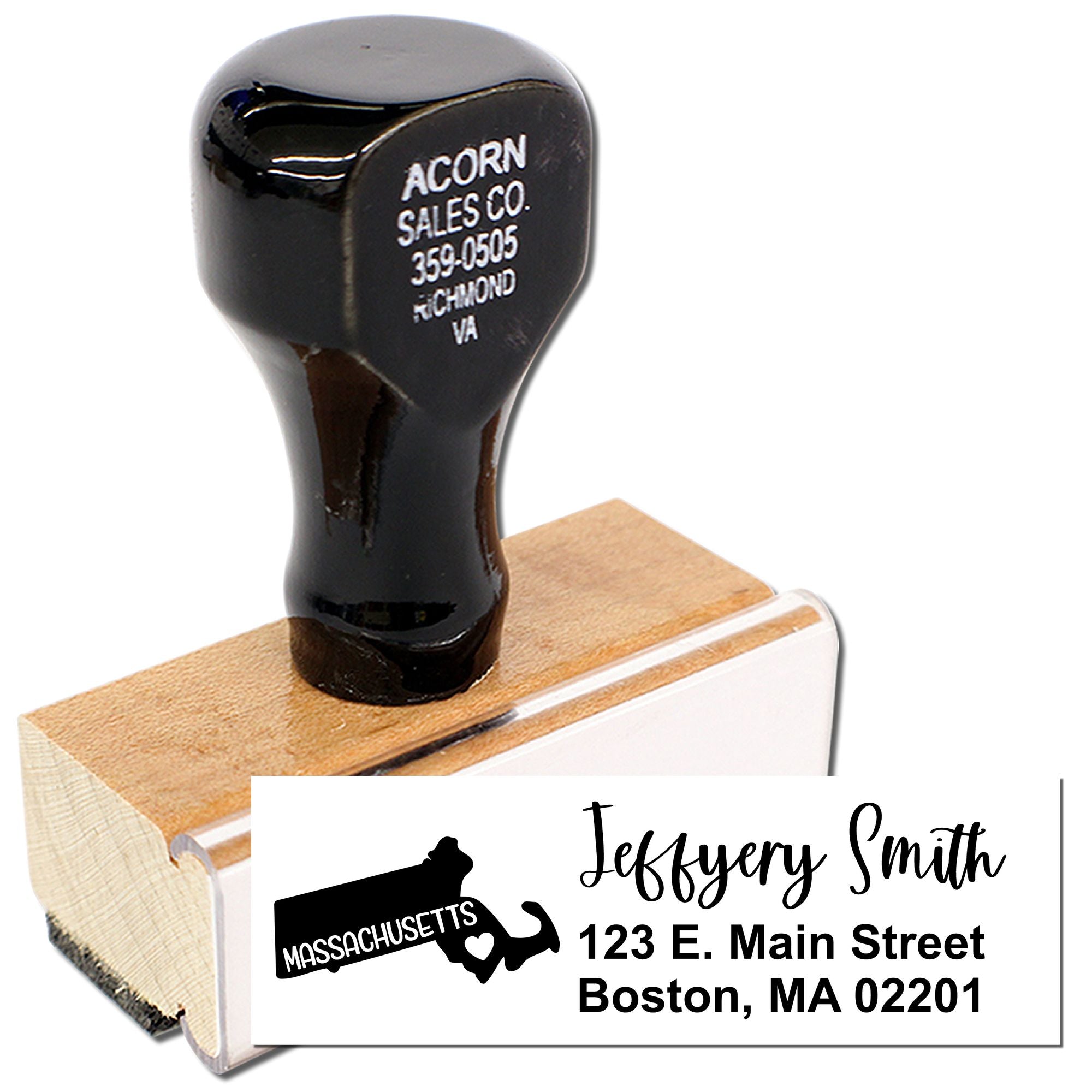 Custom return address rubber stamp with Massachusetts state design for Jeffery Smith, Boston, MA business mailings.
