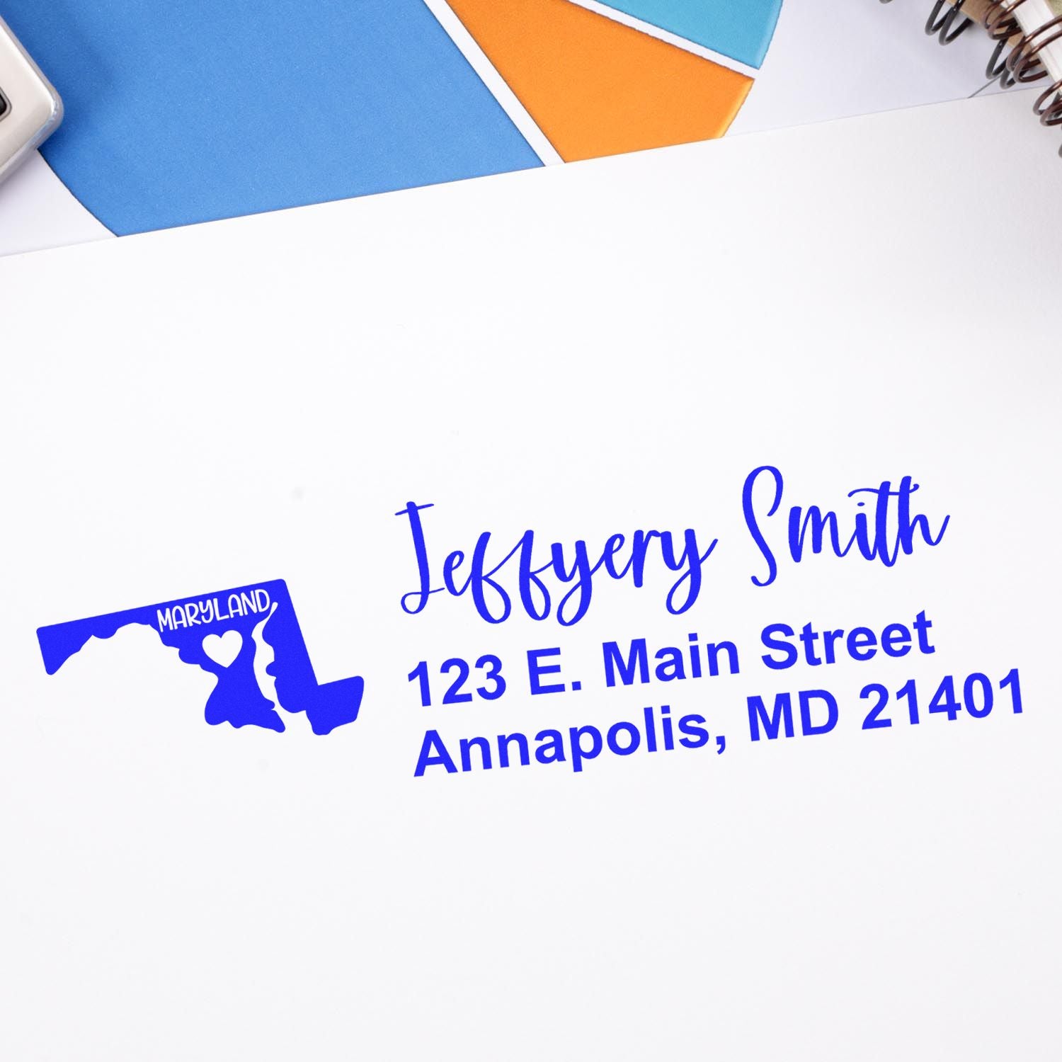 Personalized return address rubber stamp with Maryland icon for Jeffrey Smith, 123 E. Main Street, Annapolis, MD 21401