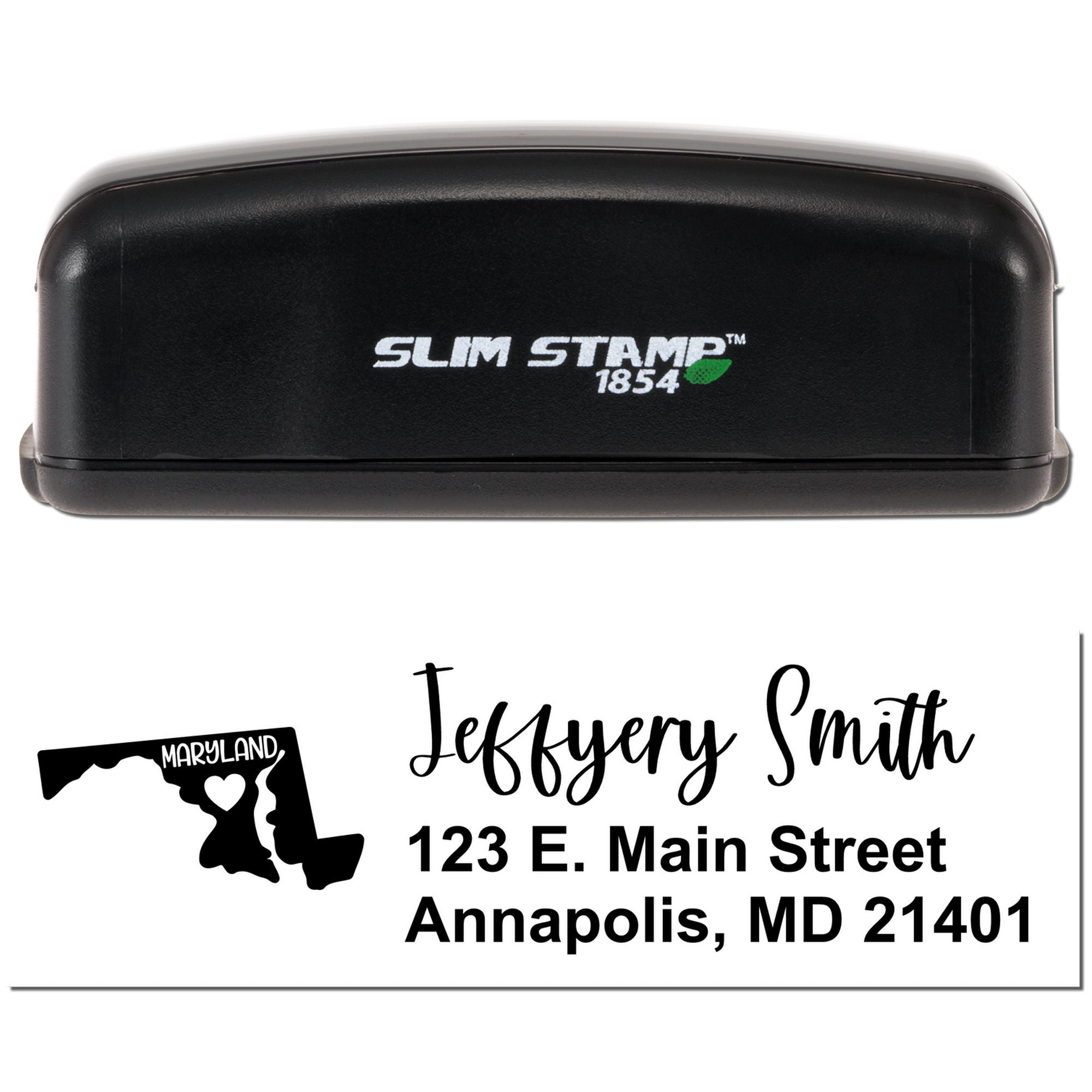 Slim Stamp 1854 custom address rubber stamp with Maryland state design and Jeffrey Smith name and address imprint
