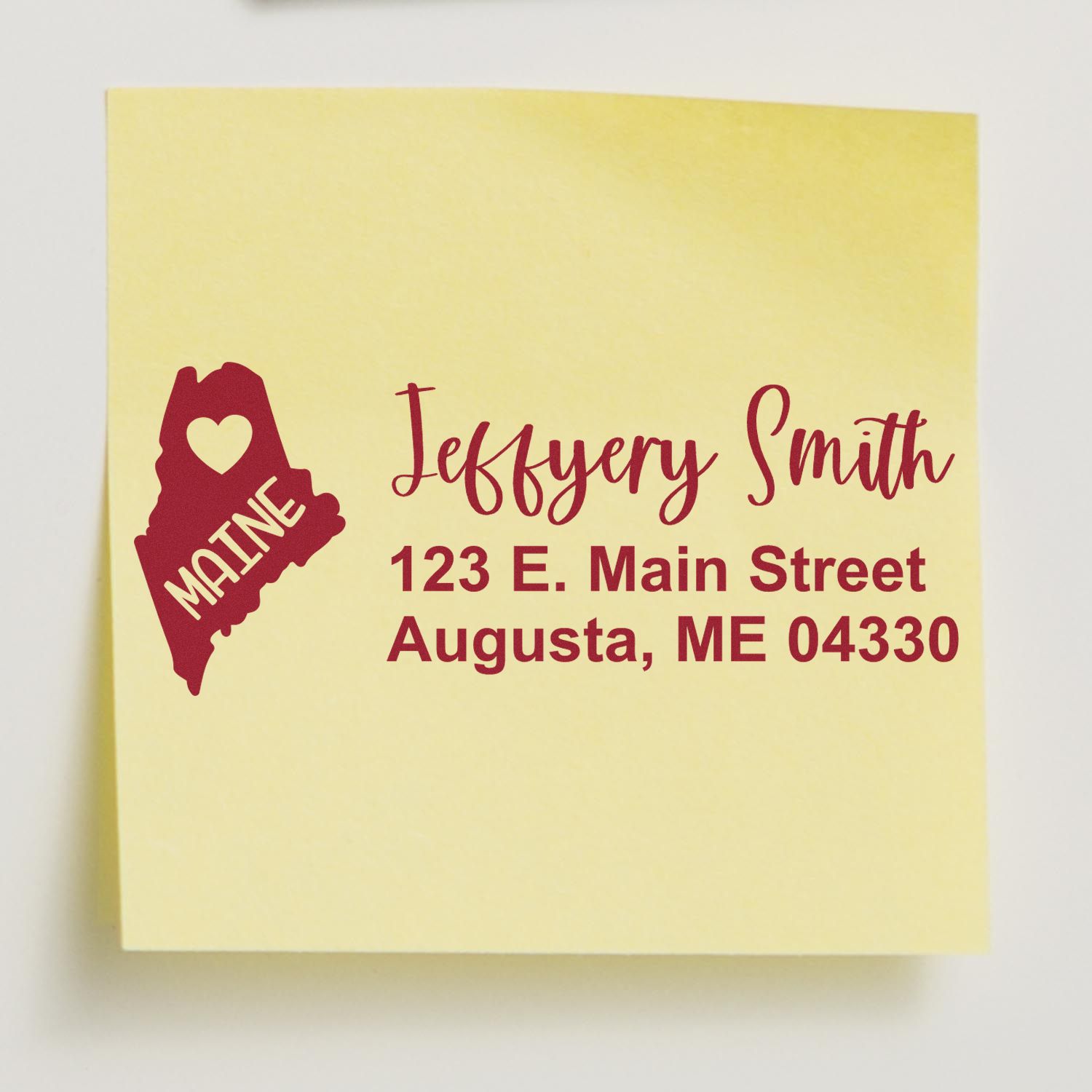 Custom Maine return address rubber stamp with heart icon for personalized mailing labels, featuring name and Augusta, ME address.