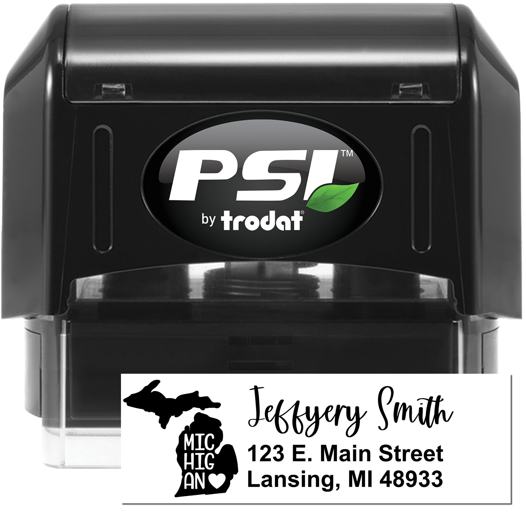 Personalized self-inking custom address rubber stamp by PSI Trodat with Michigan outline and return mailing address.
