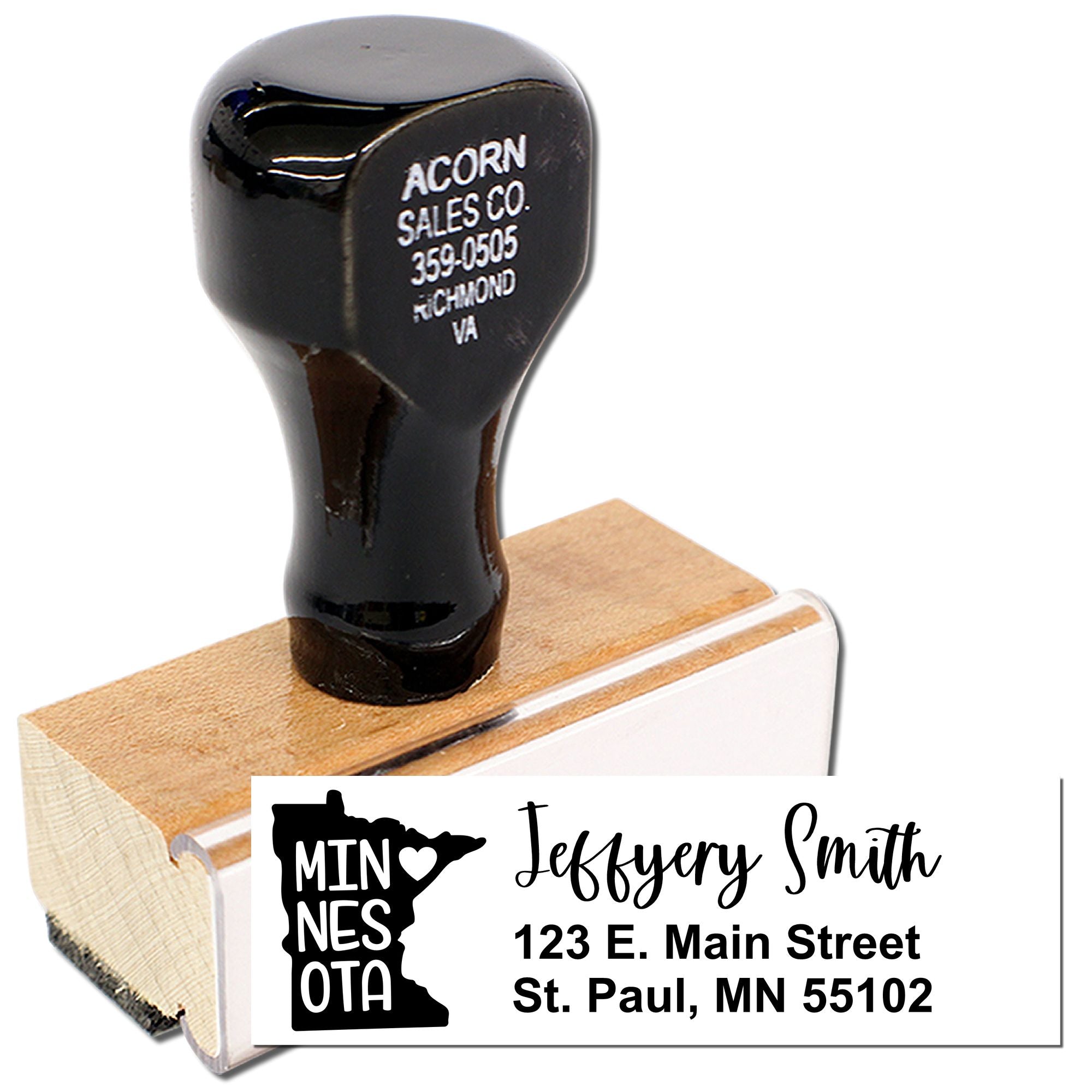 Custom Minnesota address rubber stamp with self-inking handle and personalized return address imprint for Jeffery Smith, St. Paul, MN