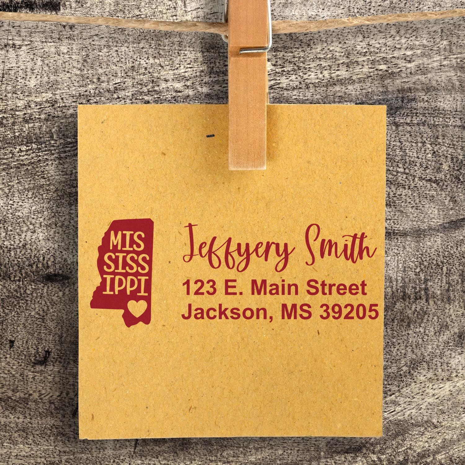 Custom Mississippi rubber stamp for return addresses, featuring personalized name, street address, and state design.