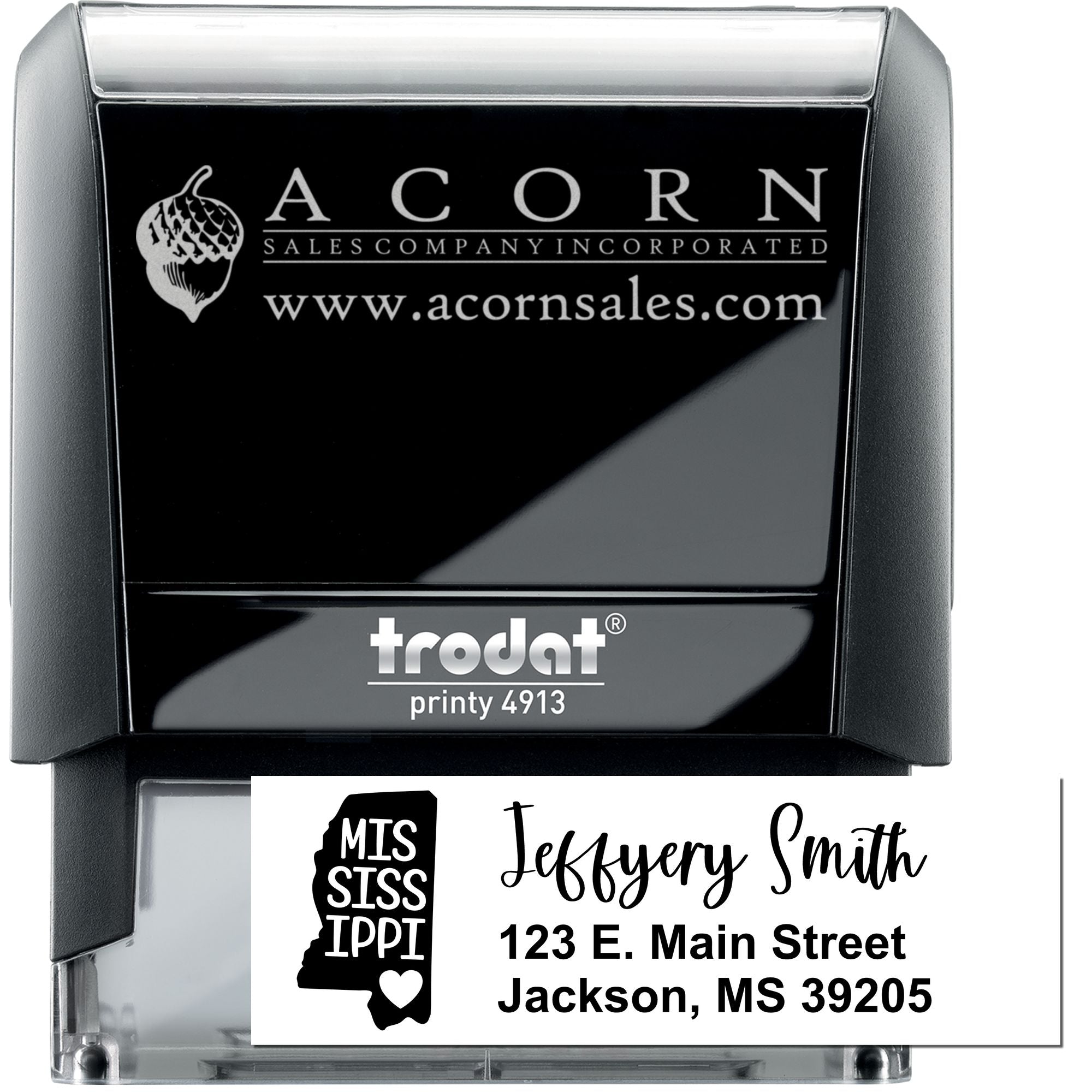 Trodat Printy 4913 self-inking rubber stamp with custom logo and address imprint for business mailing.