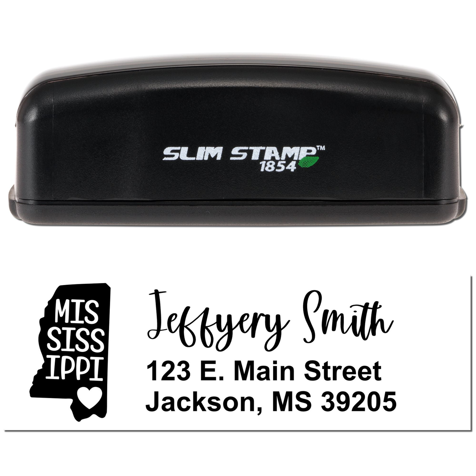 Custom Mississippi return address rubber stamp with name, street address, and state outline for mailing.