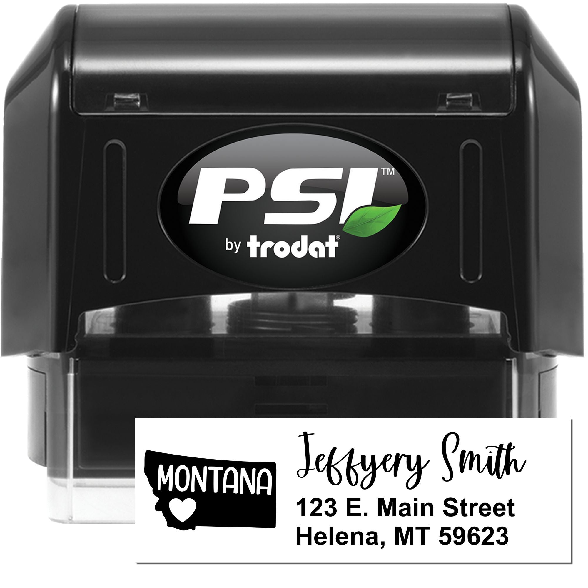 Custom self-inking Montana address rubber stamp by PSI by Trodat with Jeffrey Smith, Helena, MT 59623 imprint.