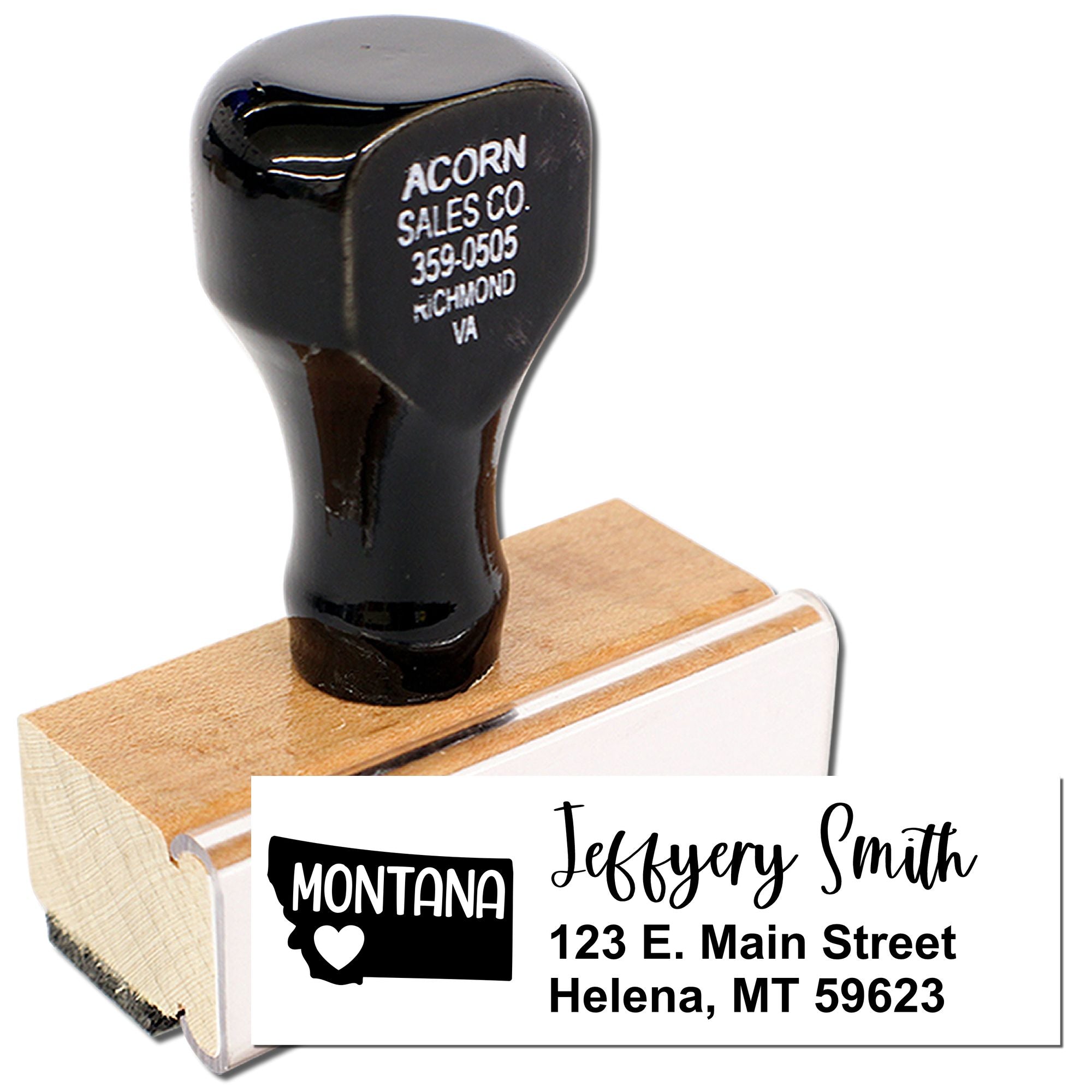 Custom address rubber stamp with Montana logo and sample imprint for Jeffery Smith business address.