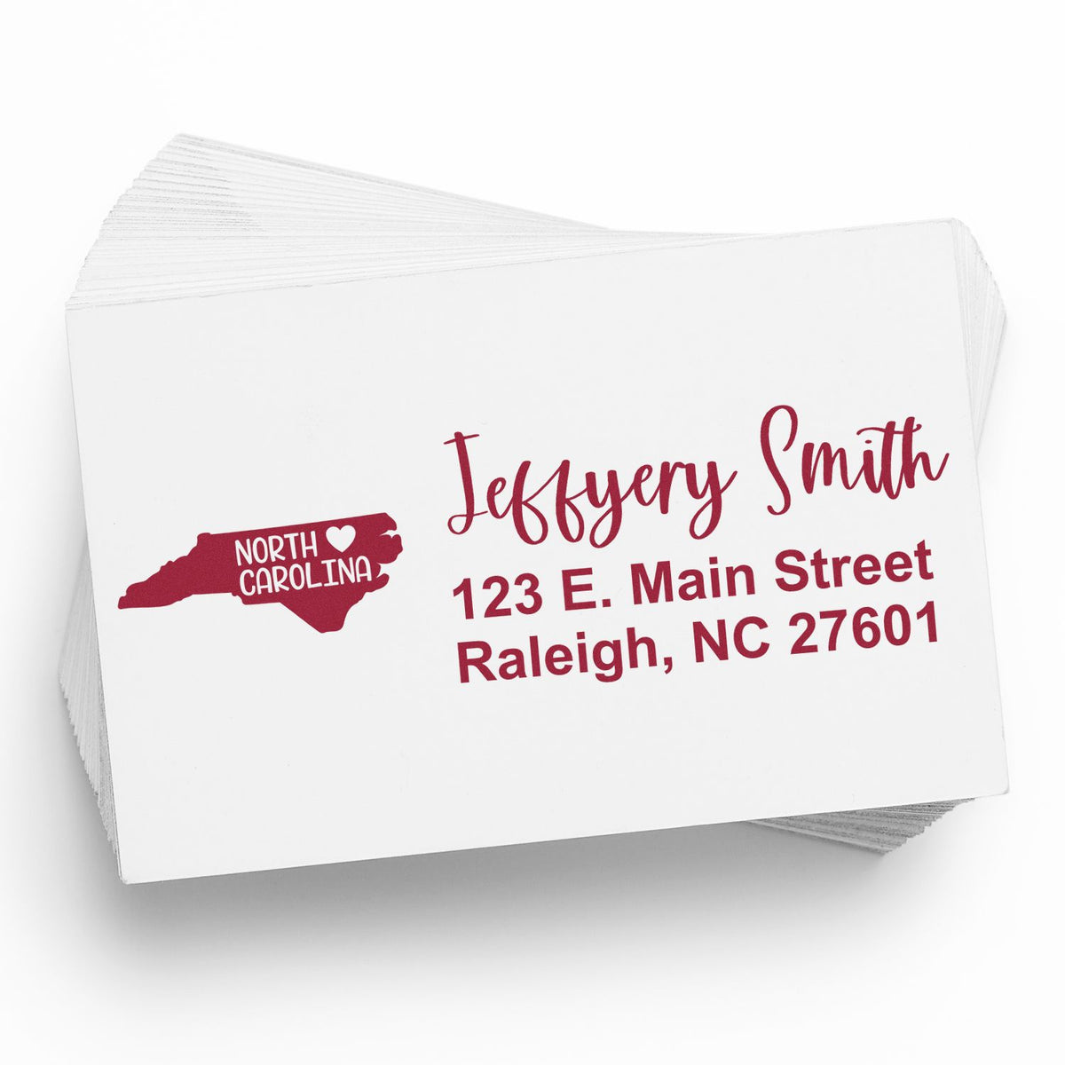 Custom address rubber stamp with North Carolina design, featuring Jeffrey Smith and Raleigh, NC return address