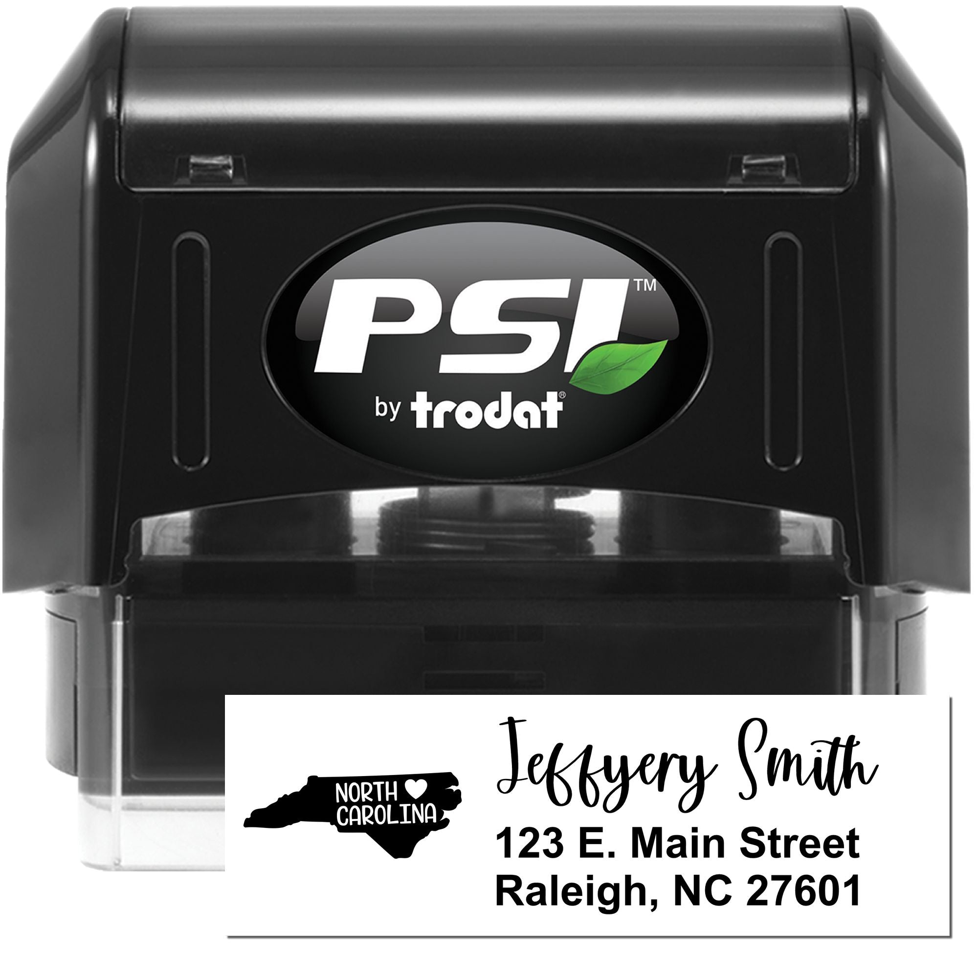 Custom self-inking address stamp by PSI Trodat for Jeffery Smith, Raleigh NC, with North Carolina design.