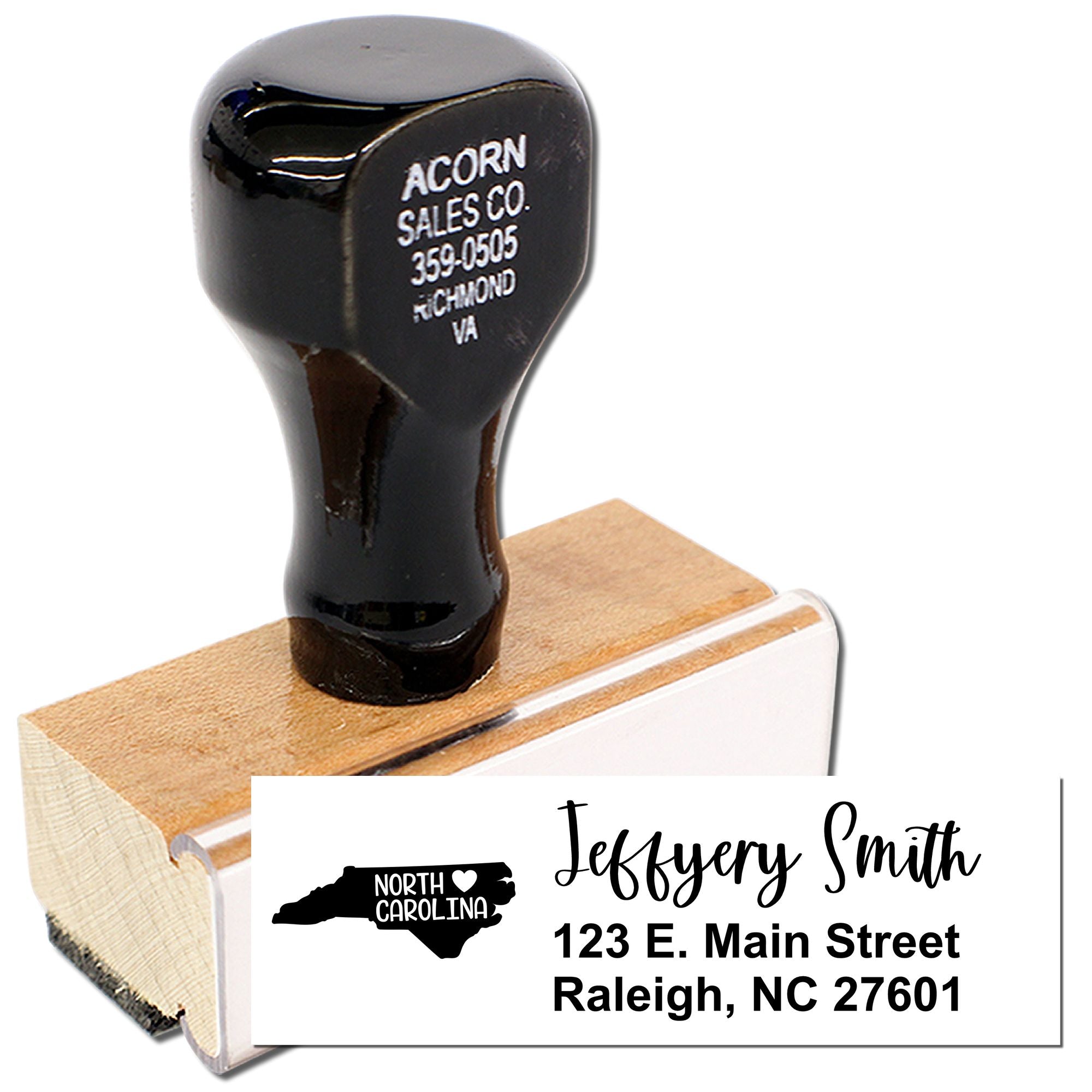 Personalized custom address rubber stamp featuring North Carolina design for Jeffery Smith, Raleigh, NC 27601.