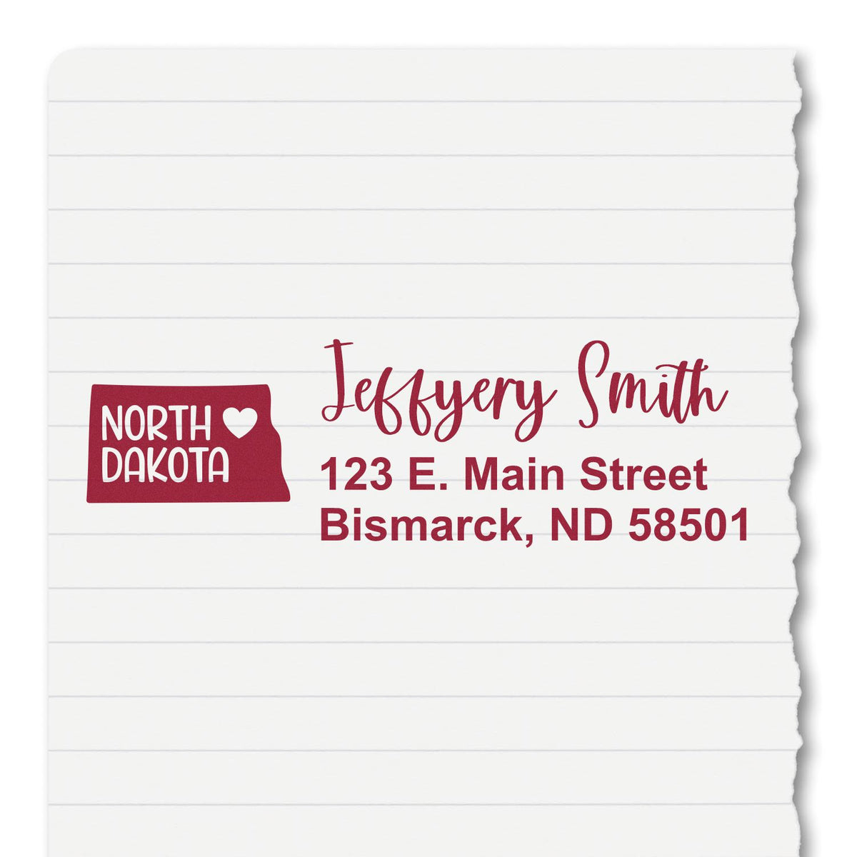 Personalized North Dakota return address rubber stamp with Jeffery Smith and Bismarck, ND address.