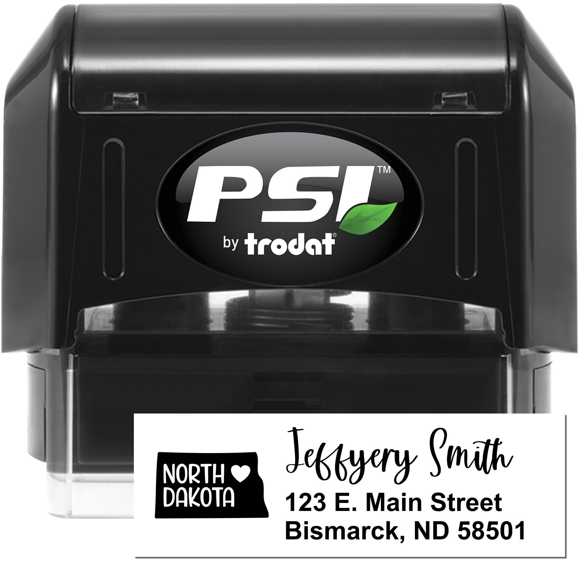 PSI by Trodat self-inking rubber stamp with custom North Dakota address design for personal and business mailing.