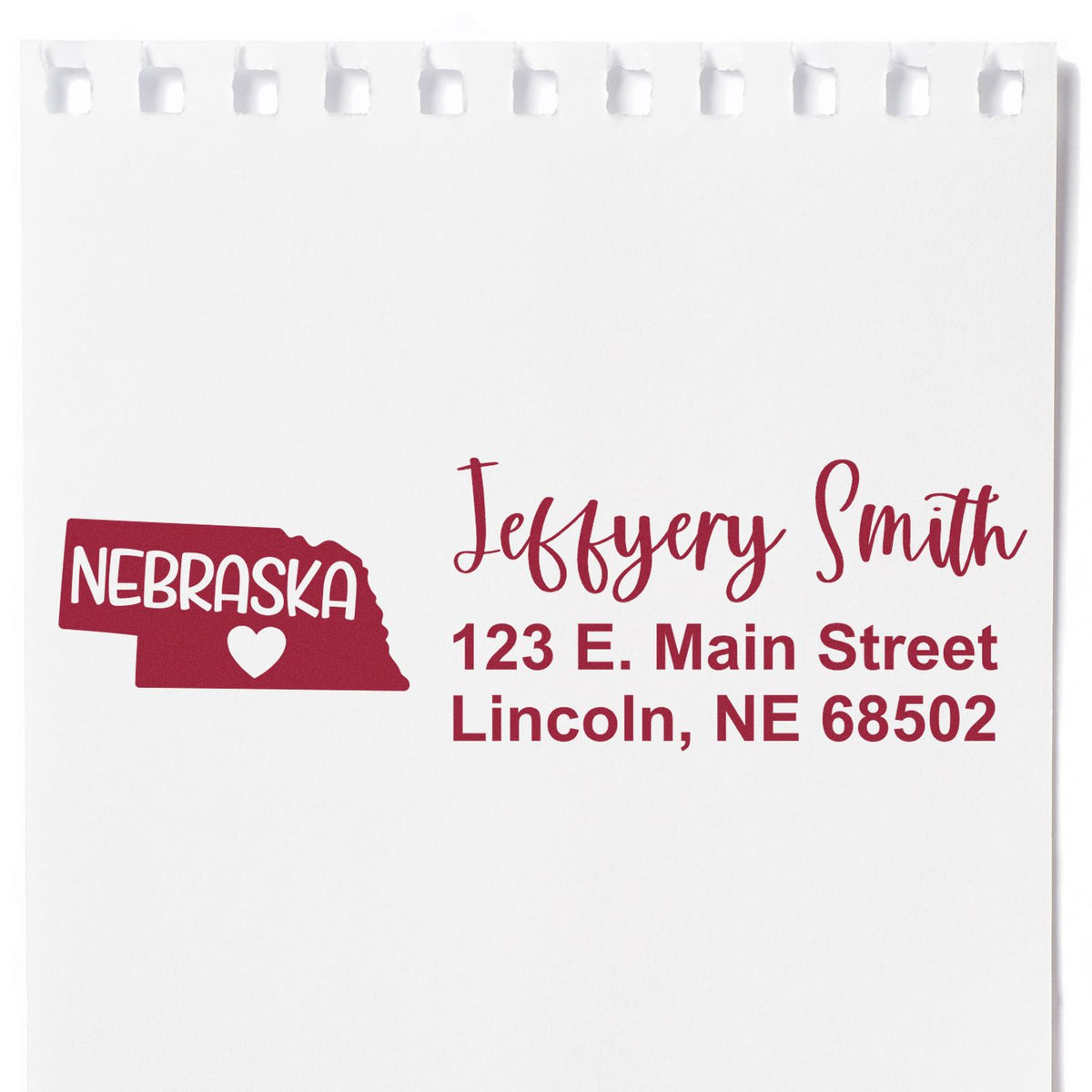 Personalized Nebraska address rubber stamp with name, street address, city, state and ZIP for mailing.
