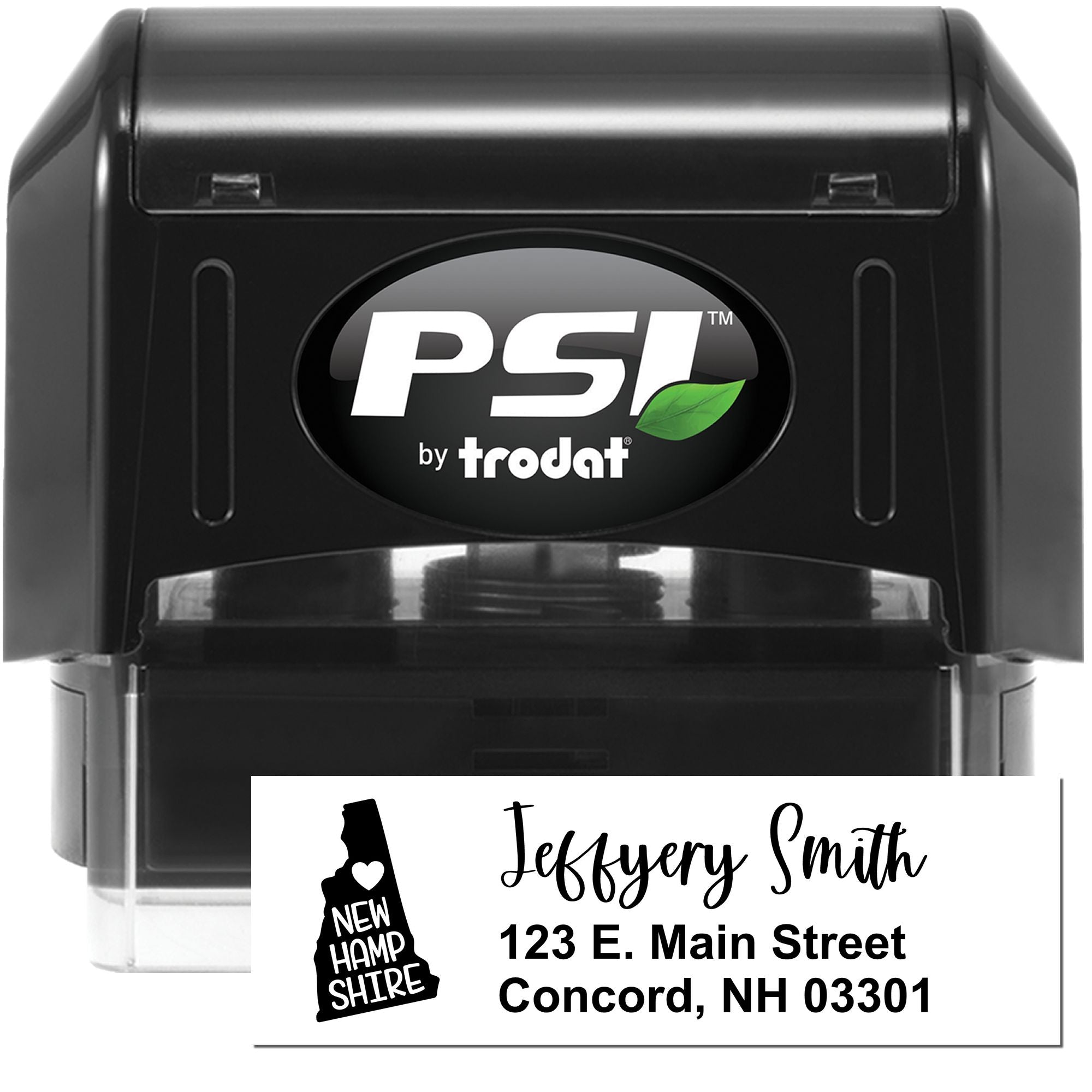 PSI by Trodat custom self-inking address stamp with New Hampshire design and personalized name and address imprint.