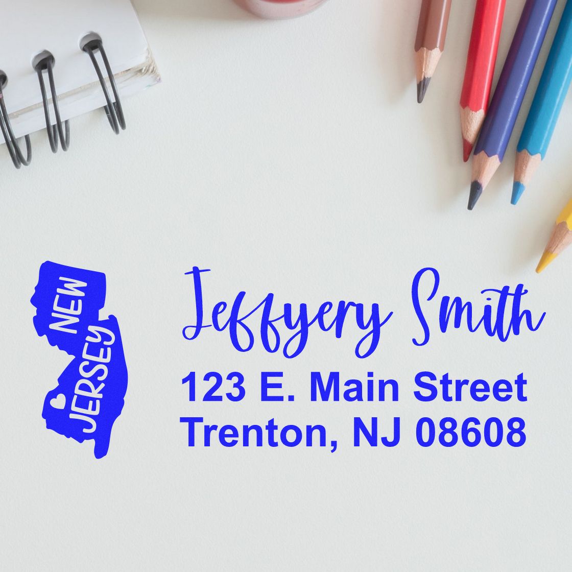 Personalized New Jersey return address rubber stamp for Jeffrey Smith with Trenton, NJ 08608 mailing details.