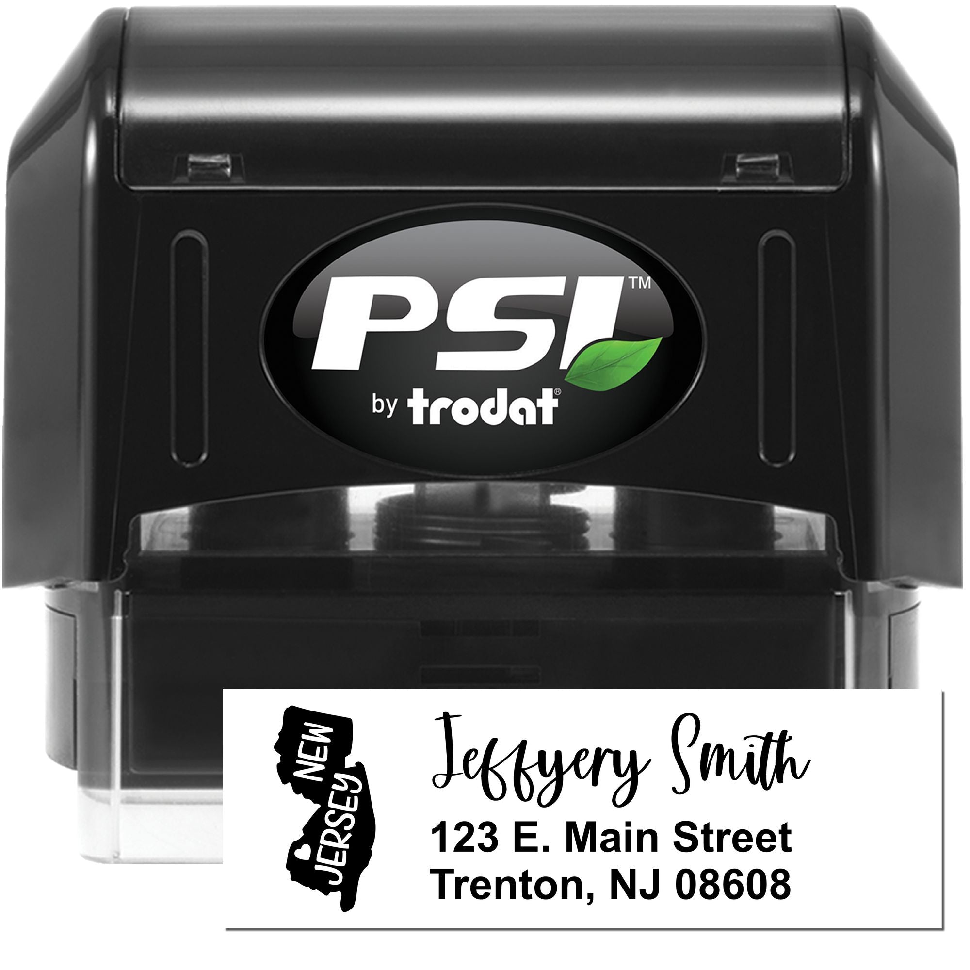 PSI by Trodat self-inking address stamp with New Jersey design, custom name, street address and Trenton, NJ ZIP code.