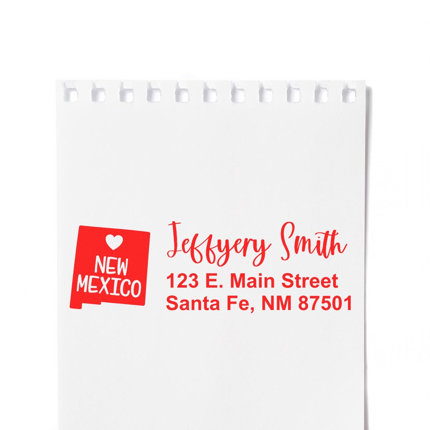 Custom return address rubber stamp with New Mexico logo for Jeffery Smith, 123 E. Main Street, Santa Fe, NM 87501