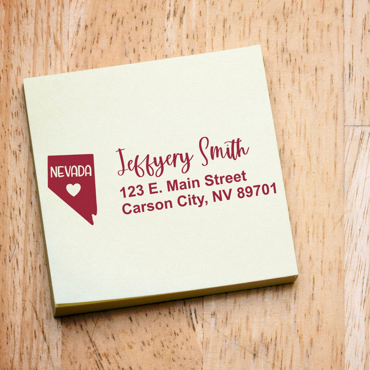 Nevada custom return address rubber stamp with name, Carson City, NV address, and state icon for envelopes.