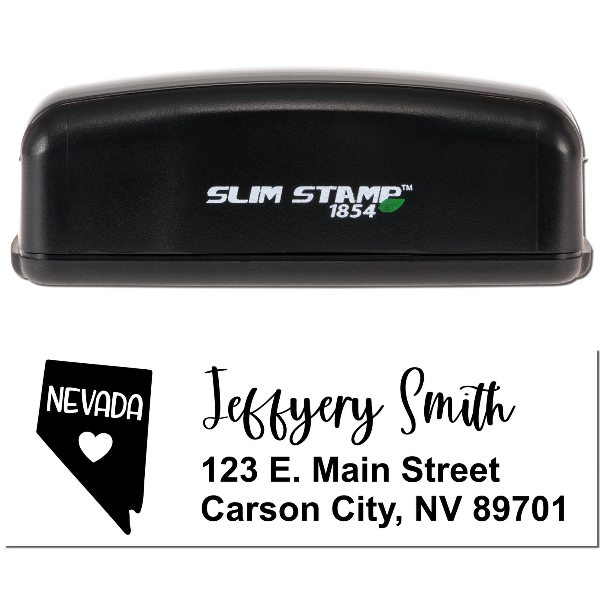 Custom Nevada address rubber stamp with Slim Stamp 1854 self-inking case and sample imprint for Jeffrey Smith, Carson City.