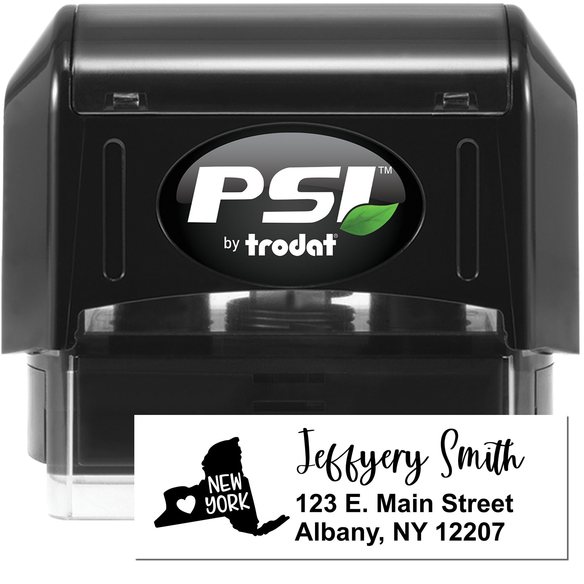 PSI by Trodat self-inking rubber stamp with custom New York return address design for mailing and business use.