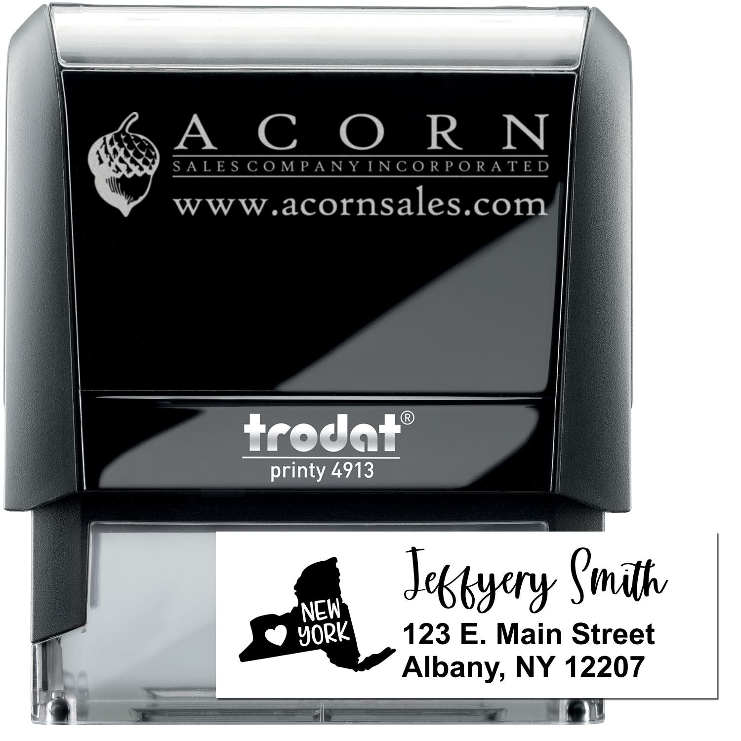 Custom self-inking rubber stamp for business logos and return addresses, Trodat Printy 4913 personalized office stamp.