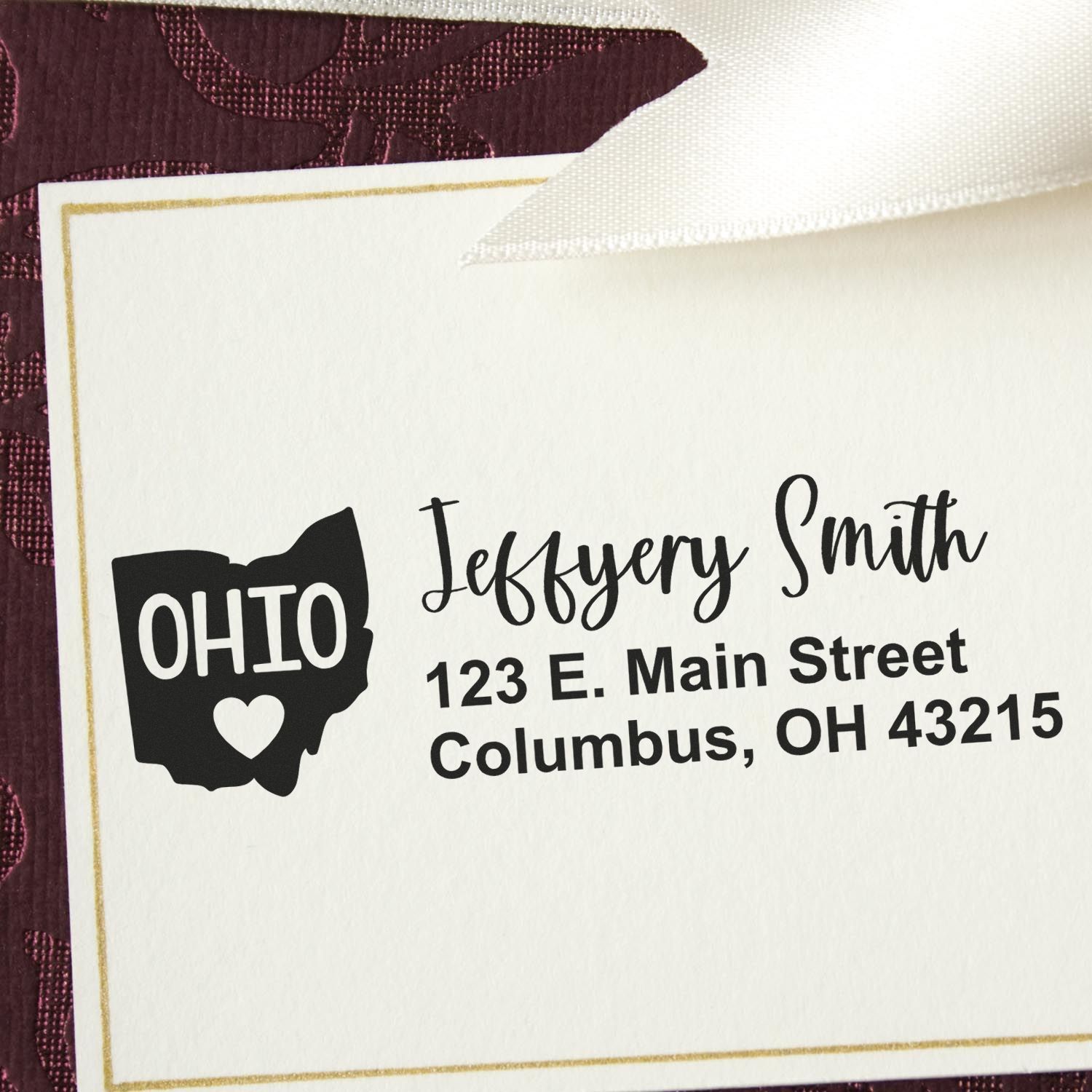 Custom Ohio return address rubber stamp with name and Columbus, OH address for personalized wedding or business stationery