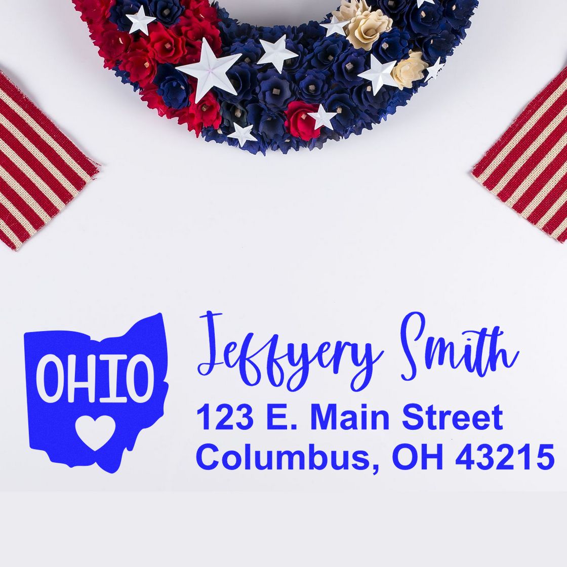 Custom Ohio rubber address stamp with name and return address for patriotic mailings and envelopes