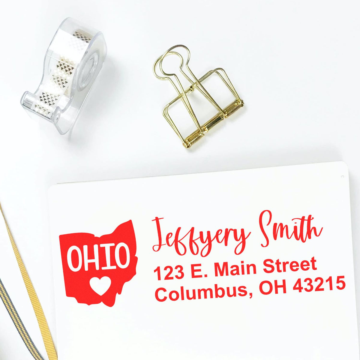 Custom Ohio return address rubber stamp with state icon, name, and Columbus, OH address for personalized stationery