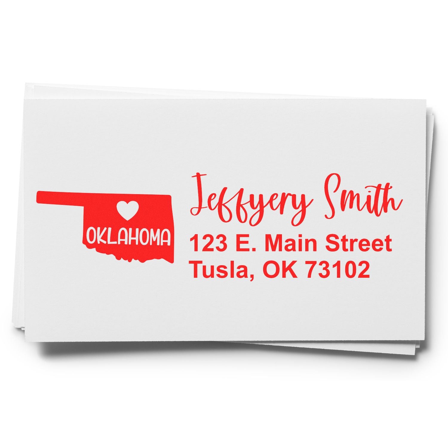 Custom Oklahoma return address rubber stamp with state outline, name, and mailing address for personalized envelope stamping.
