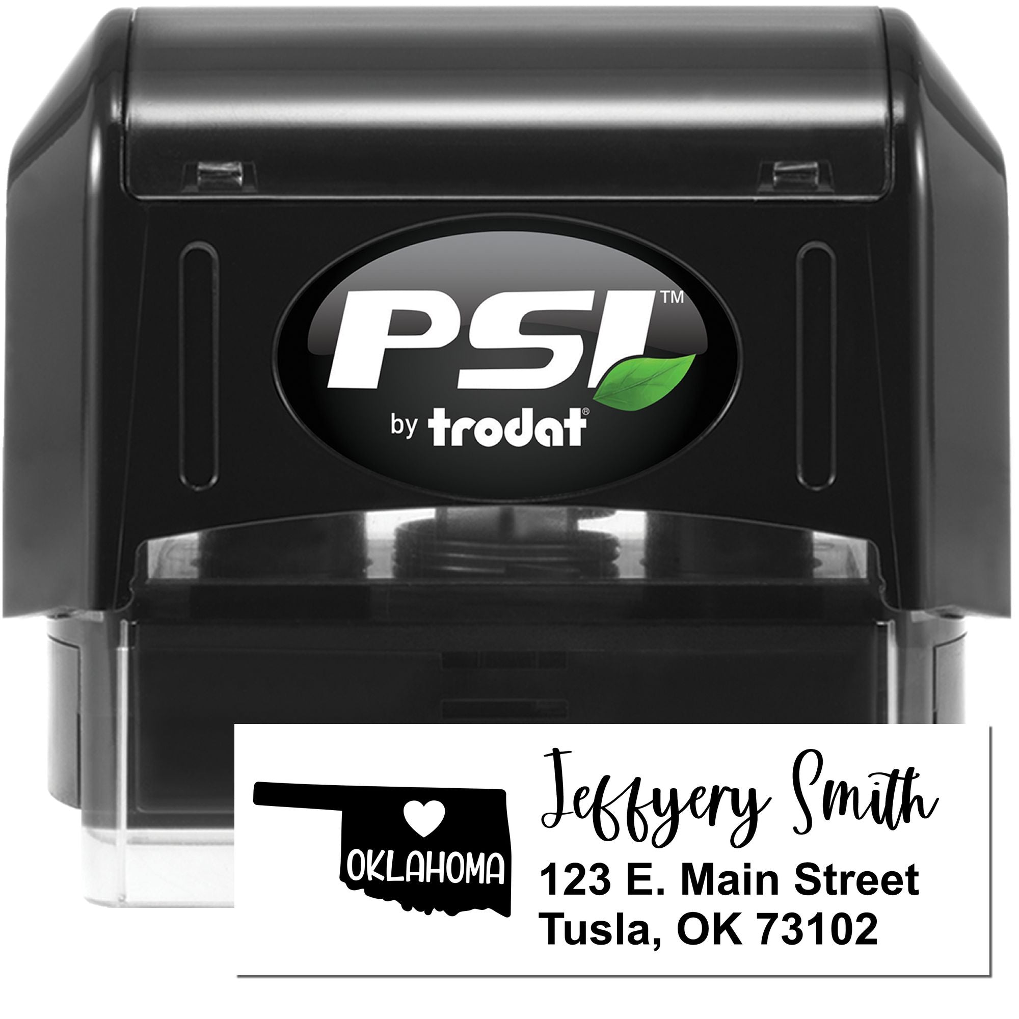 PSI by Trodat custom self-inking rubber address stamp with Oklahoma design for personalized mailing and business use.