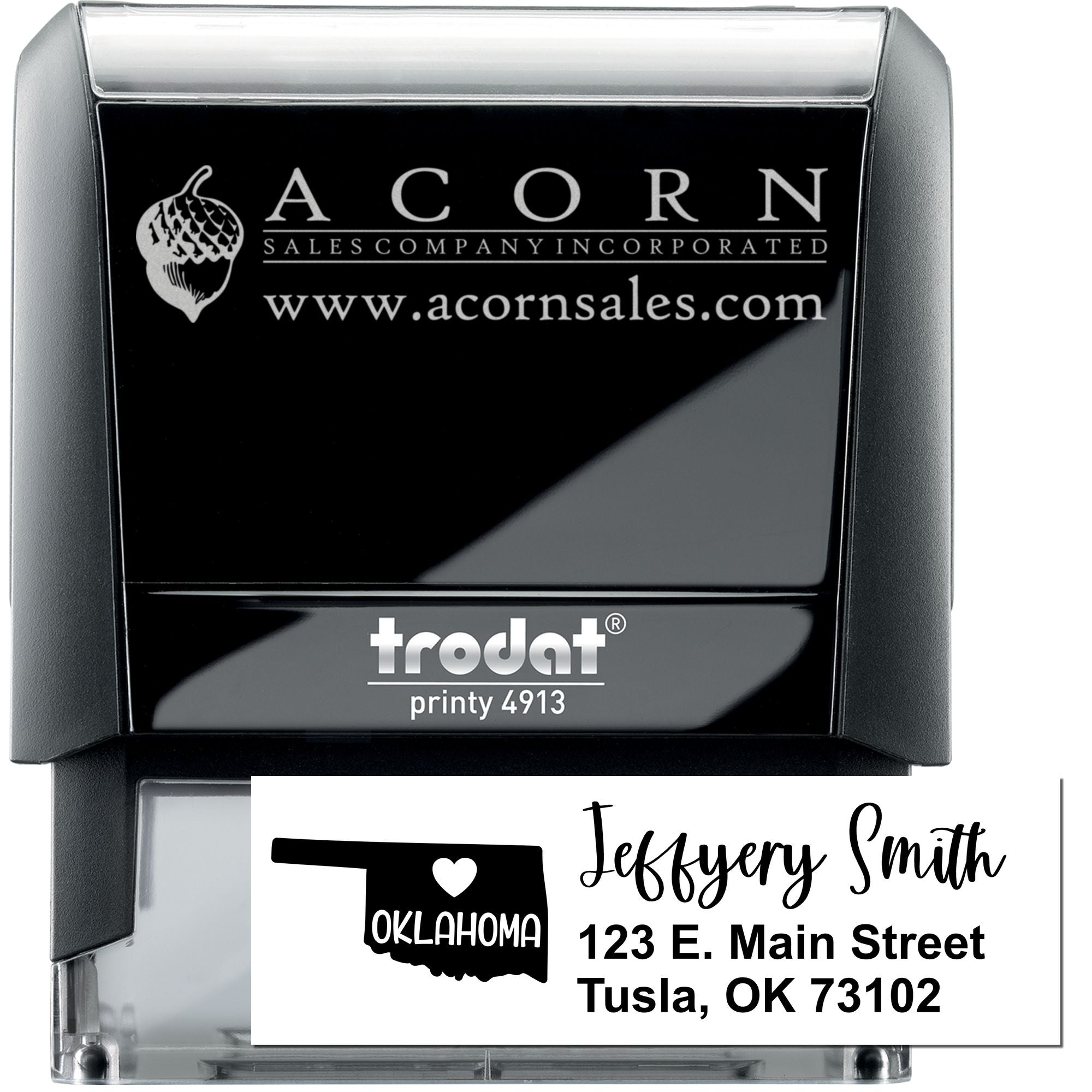 Custom self-inking rubber stamp, Trodat Printy 4913, with business logo and address imprint for Acorn Sales Company.