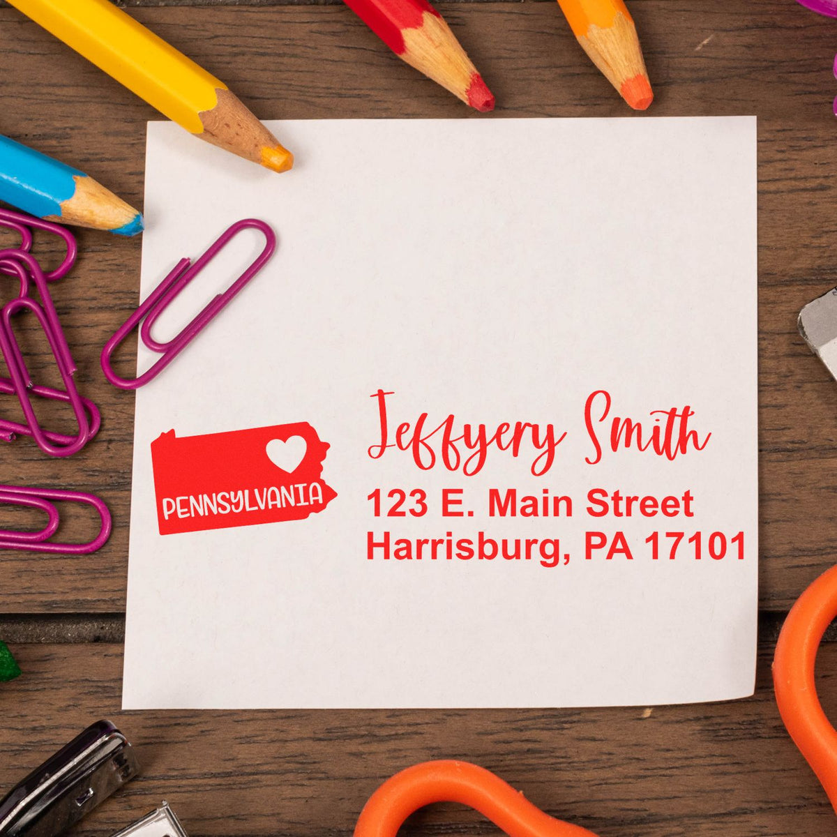 Custom Pennsylvania return address rubber stamp with name and address for personalized stationery