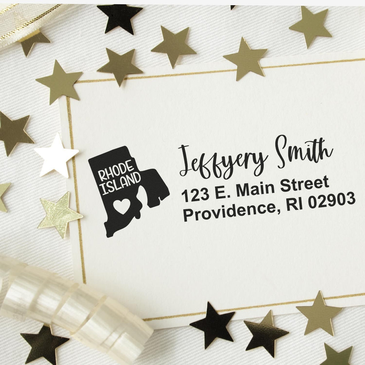 Personalized return address rubber stamp with Rhode Island state icon, Jeffrey Smith name, and Providence, RI address