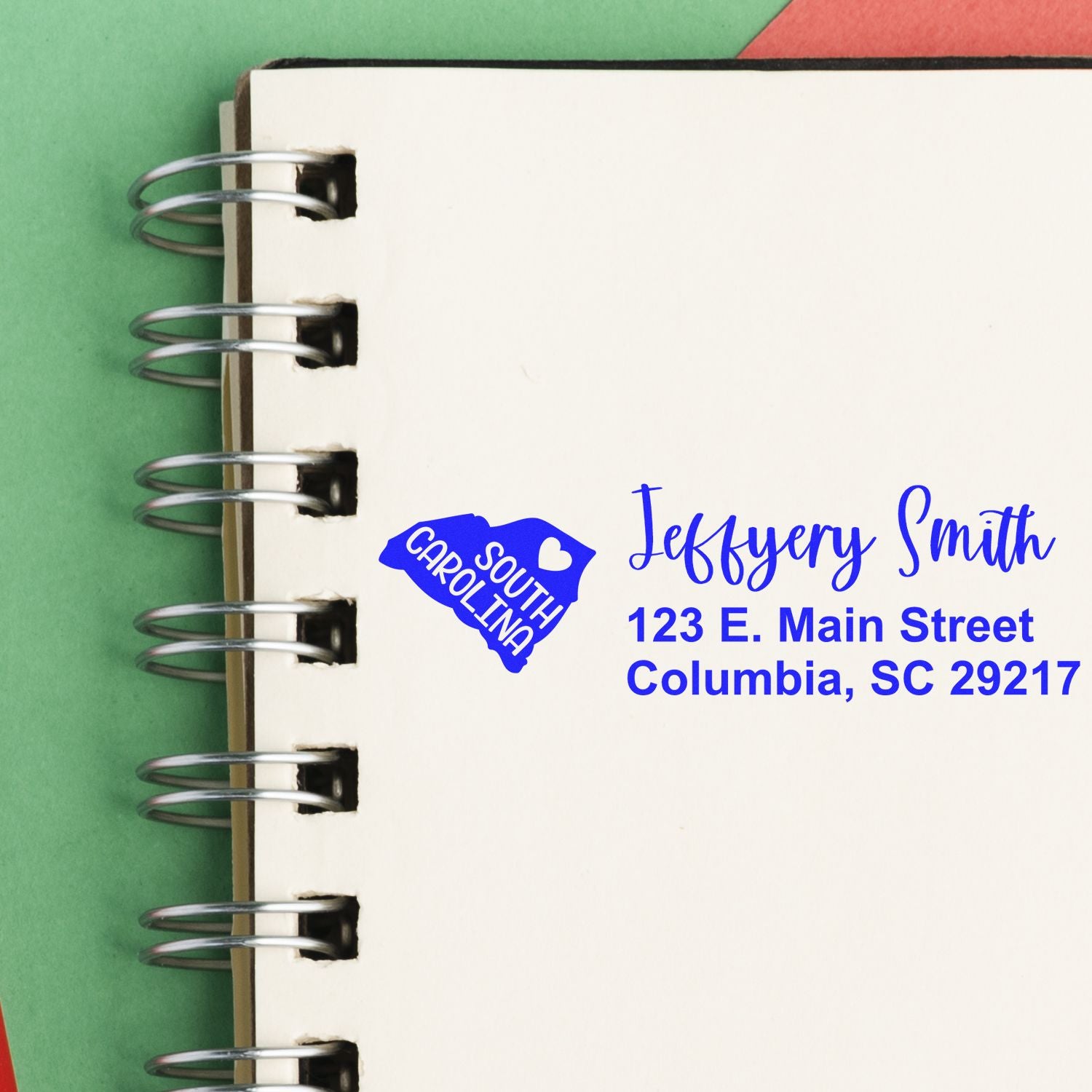 Custom return address rubber stamp with South Carolina design for Jeffery Smith, 123 E. Main St., Columbia, SC 29217.