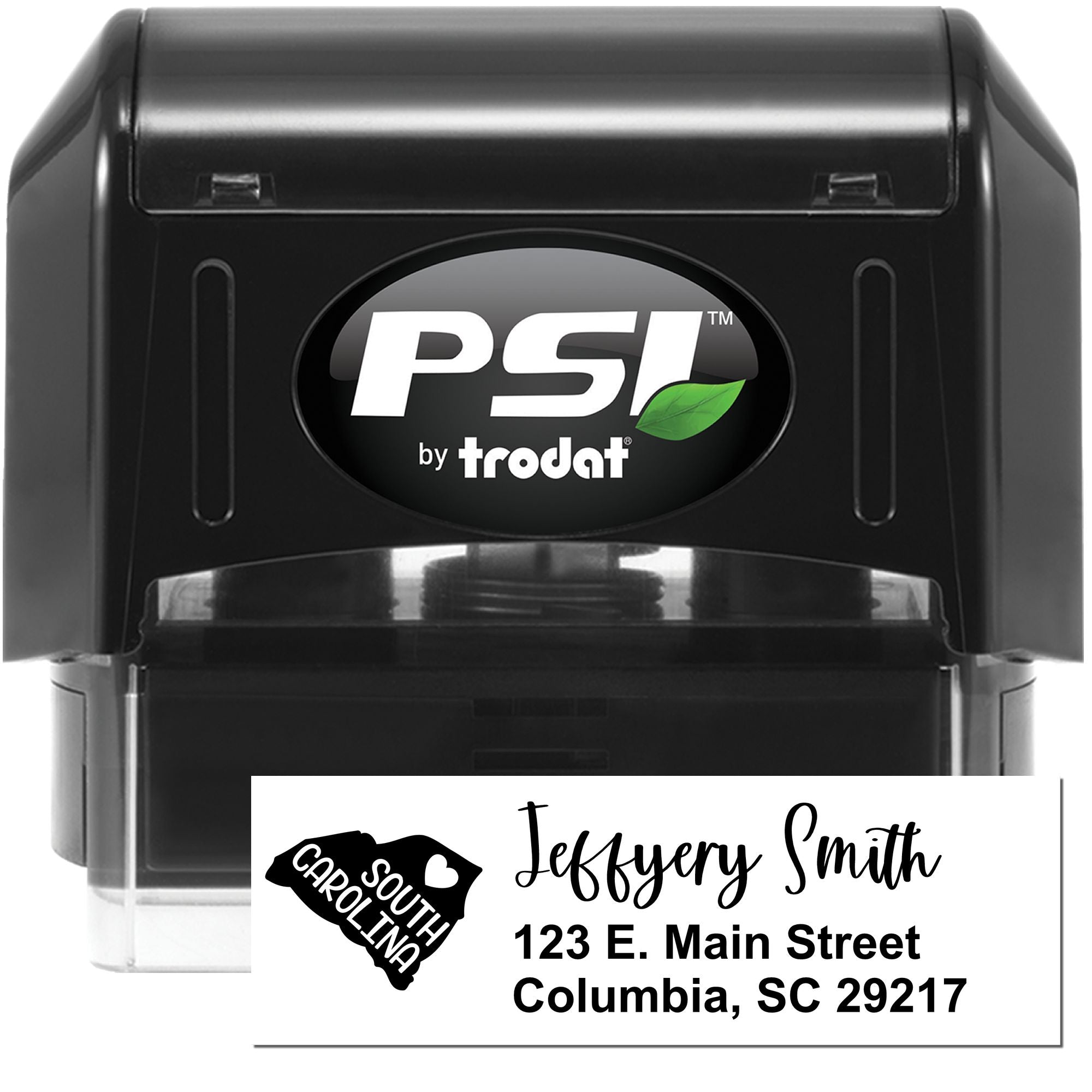 Custom self-inking rubber stamp by PSI Trodat with South Carolina address imprint for Jeffery Smith, Columbia SC 29217.