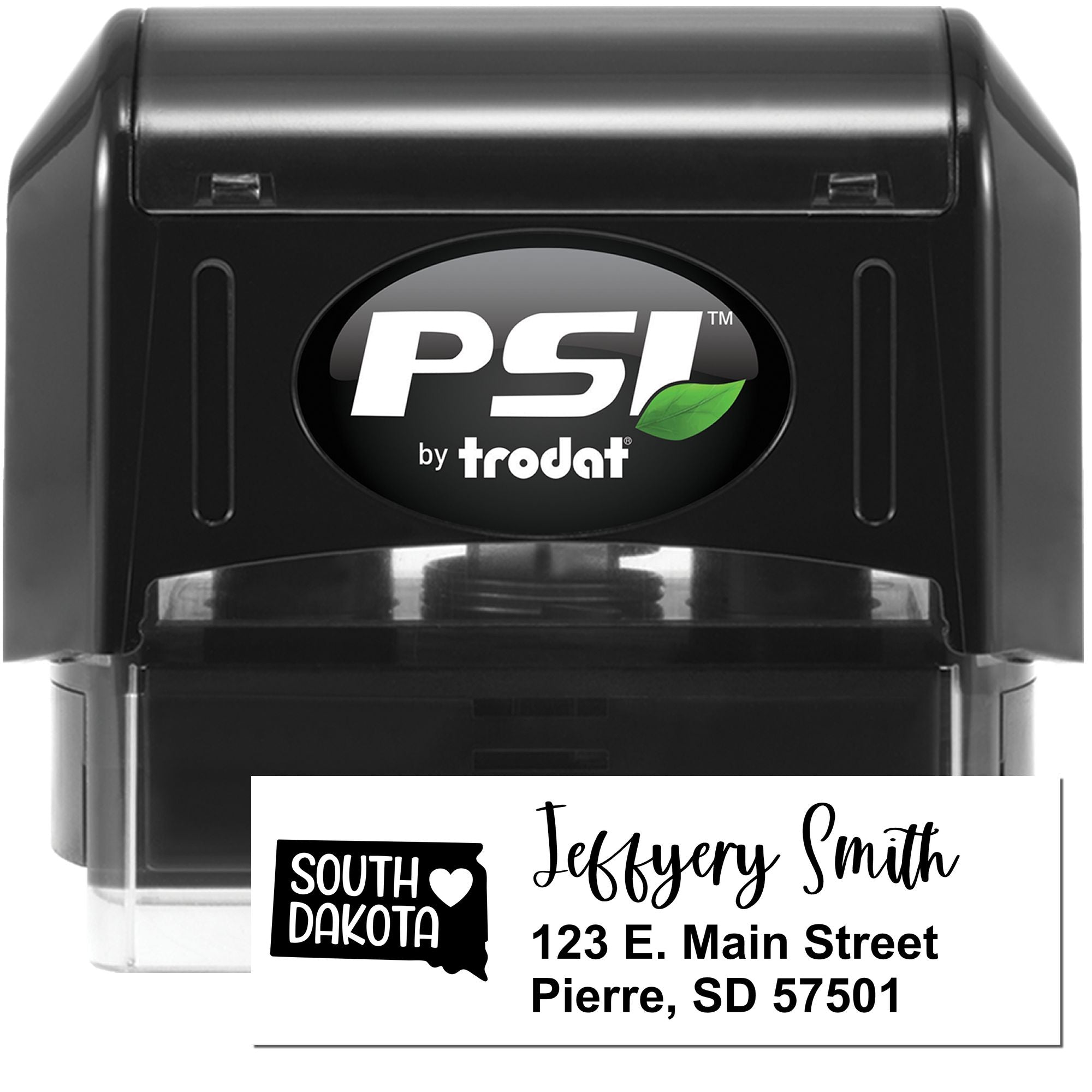 PSI by Trodat self-inking custom return address rubber stamp with South Dakota address for envelopes, mail, and business use.