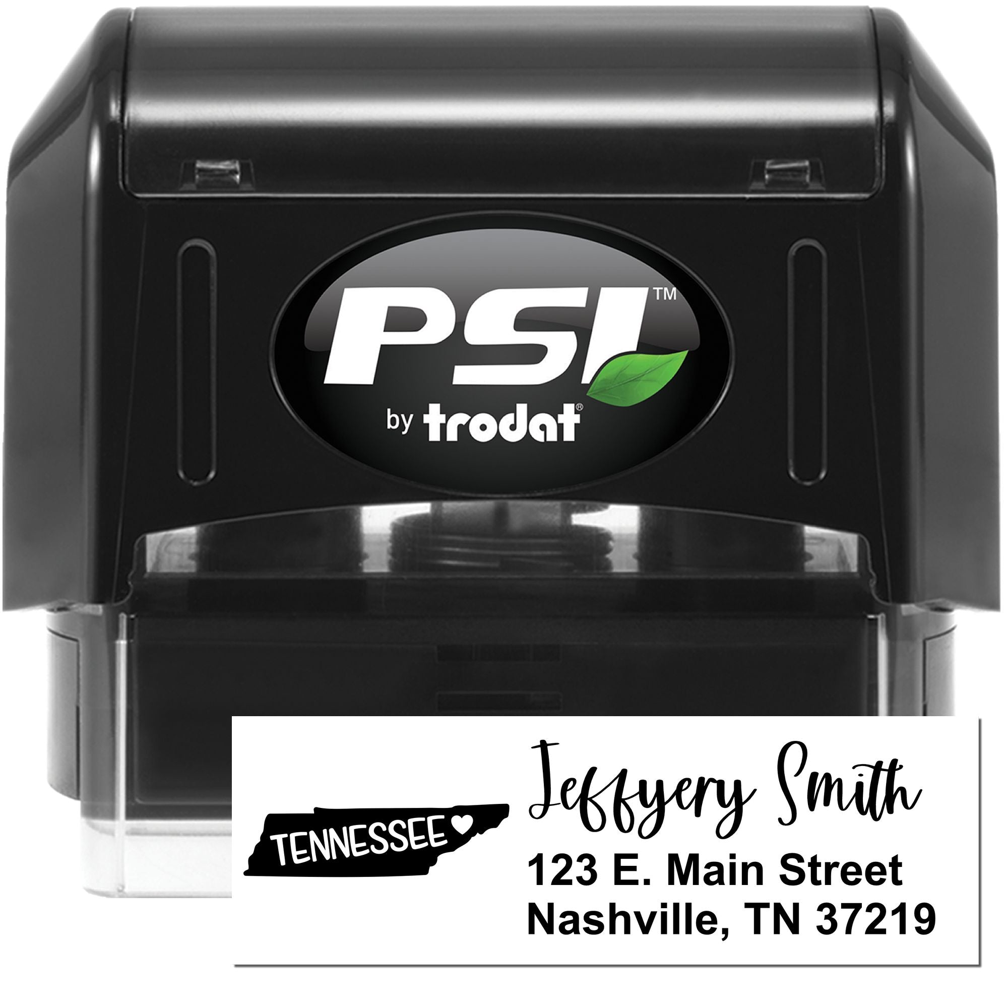 Custom self-inking rubber stamp with Tennessee outline for Jeffery Smith return address, Nashville, TN.