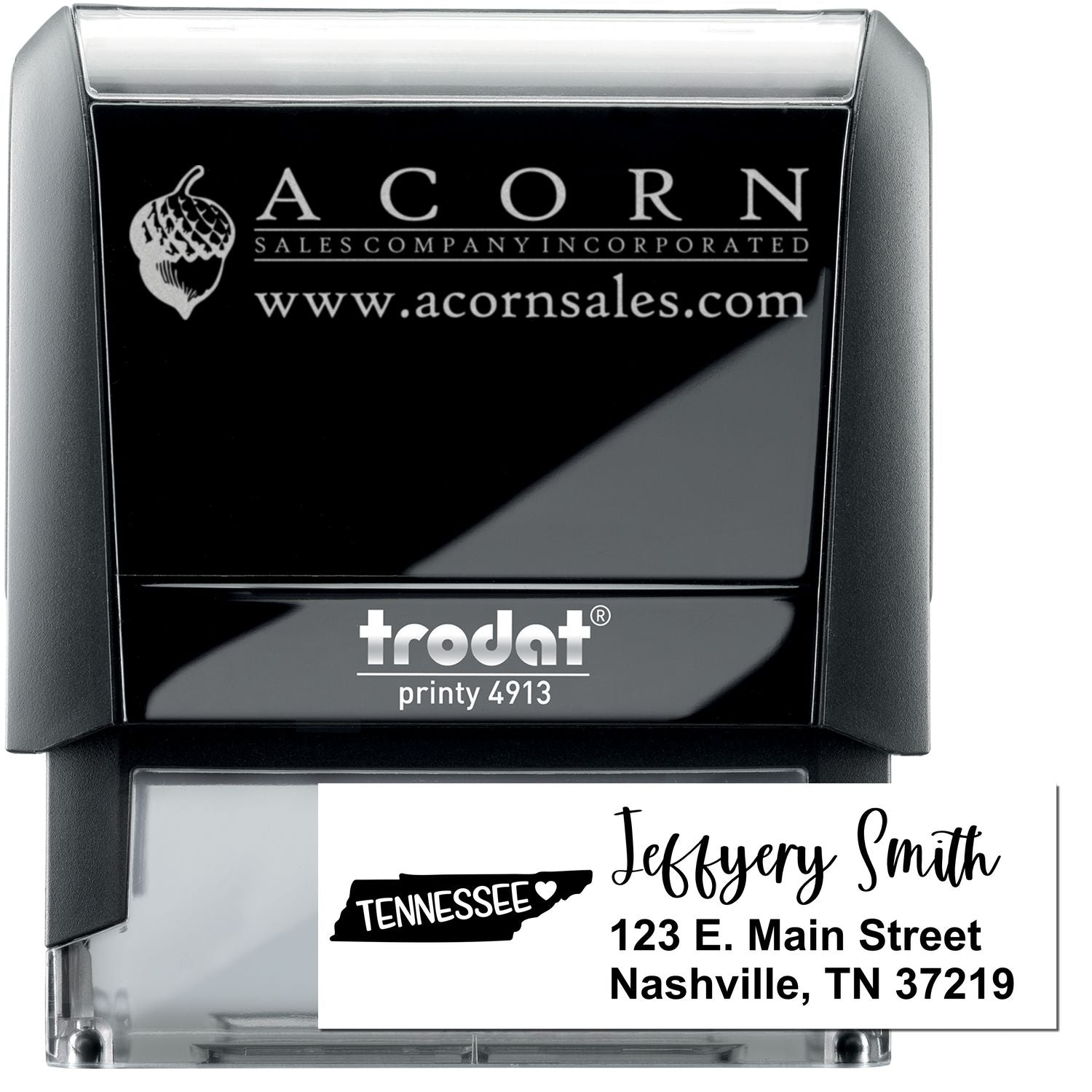 Custom self-inking rubber stamp with Tennessee return address design for business mailing and branding.