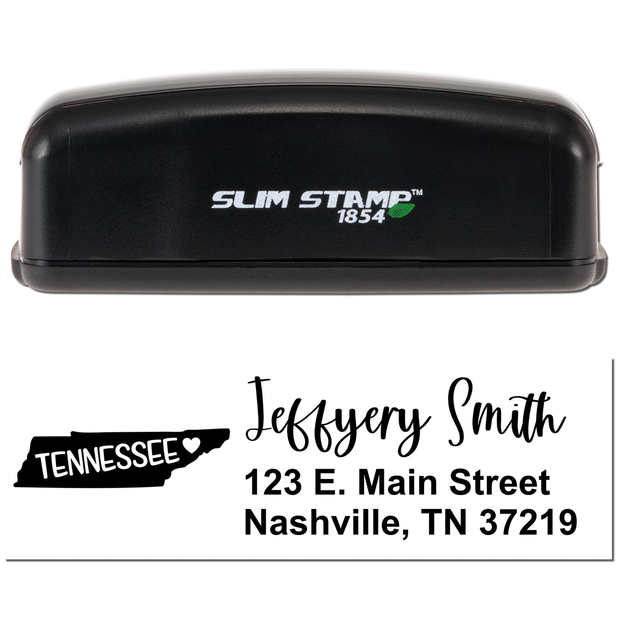 Custom Tennessee address rubber stamp with Slim Stamp 1854 self-inking stamp and personalized Nashville return address.
