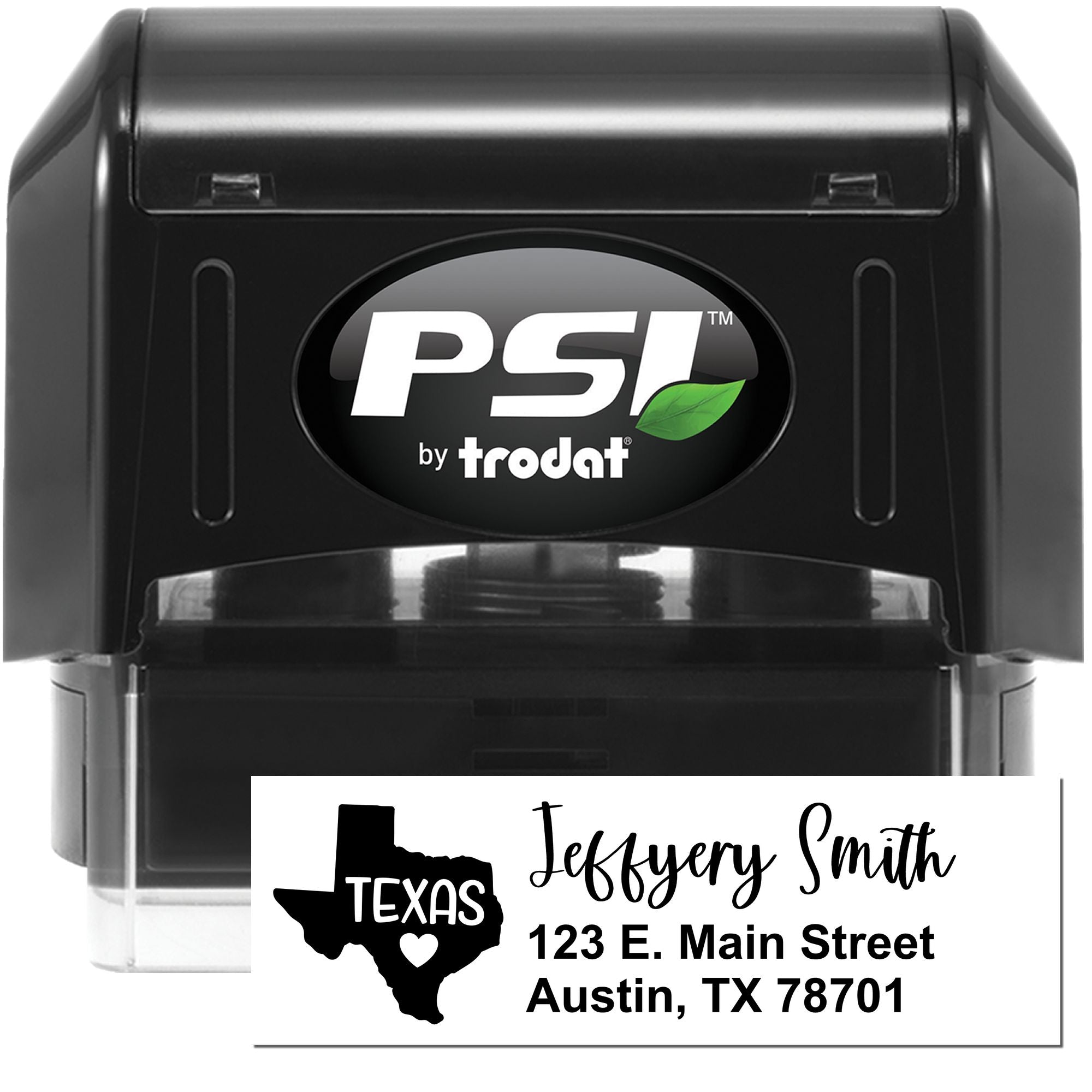 PSI by Trodat self-inking rubber stamp with custom Texas address stamp for Jeffery Smith, Austin, TX 78701