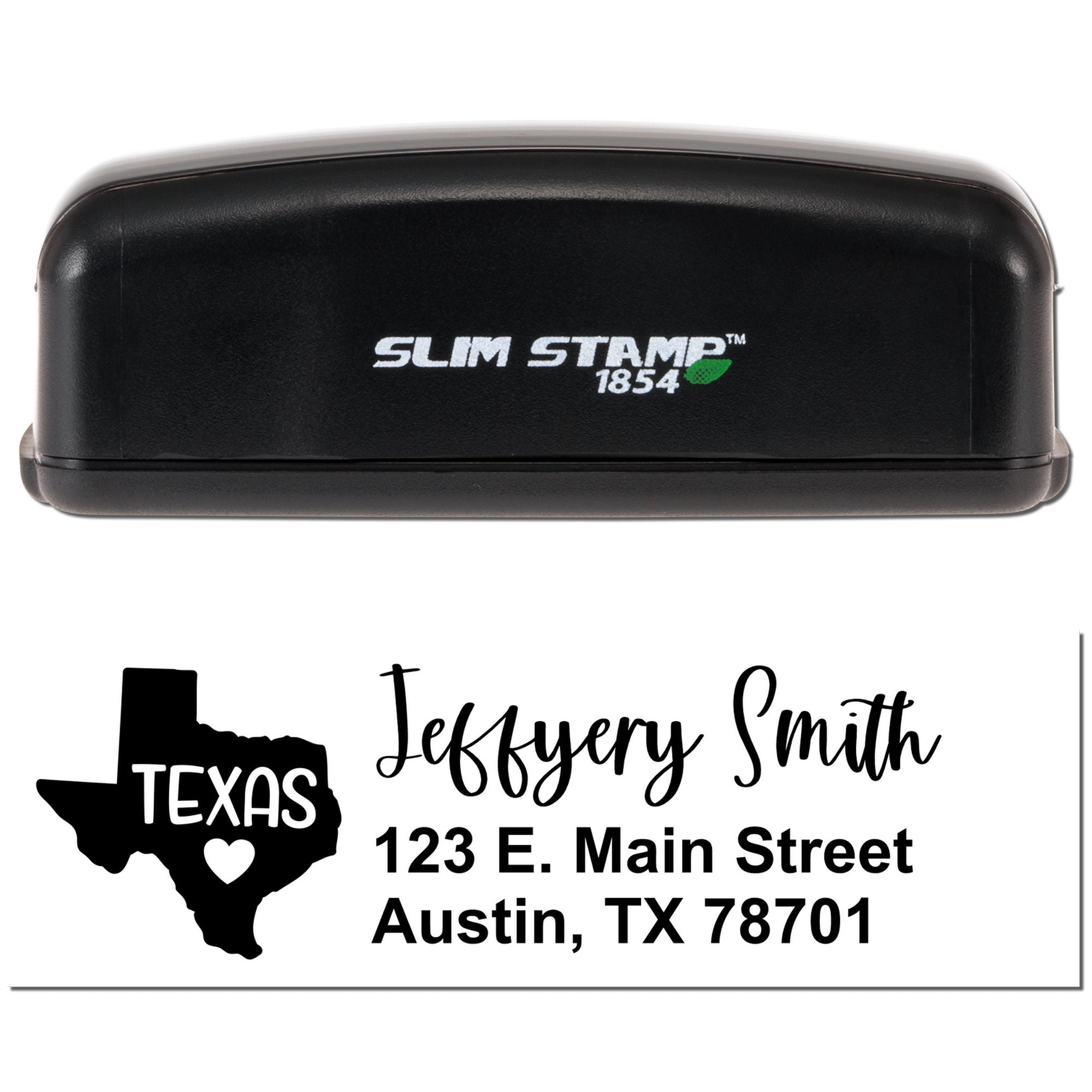 Custom Texas address rubber stamp by Slim Stamp 1854 with personalized name and Austin, TX return address.