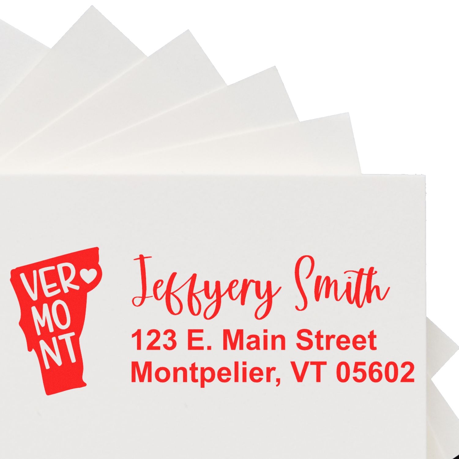 Custom Vermont return address rubber stamp for Jeffery Smith, Montpelier VT 05602 on white envelopes.