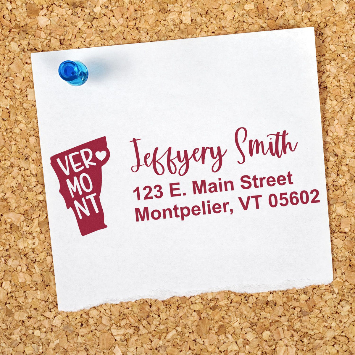 Custom Vermont address rubber stamp for Jeffery Smith, featuring Montpelier, VT 05602 in burgundy on a pinned note.