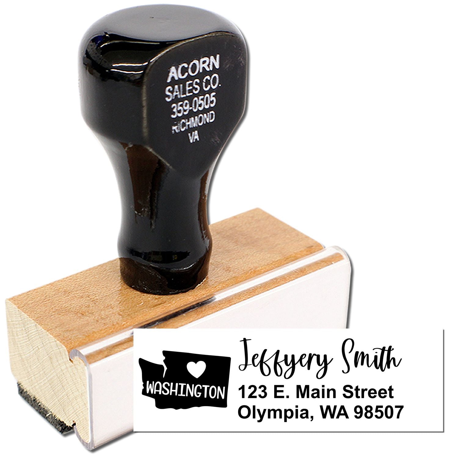 Personalized custom rubber return address stamp with Washington state logo, name, street address, city and ZIP code.