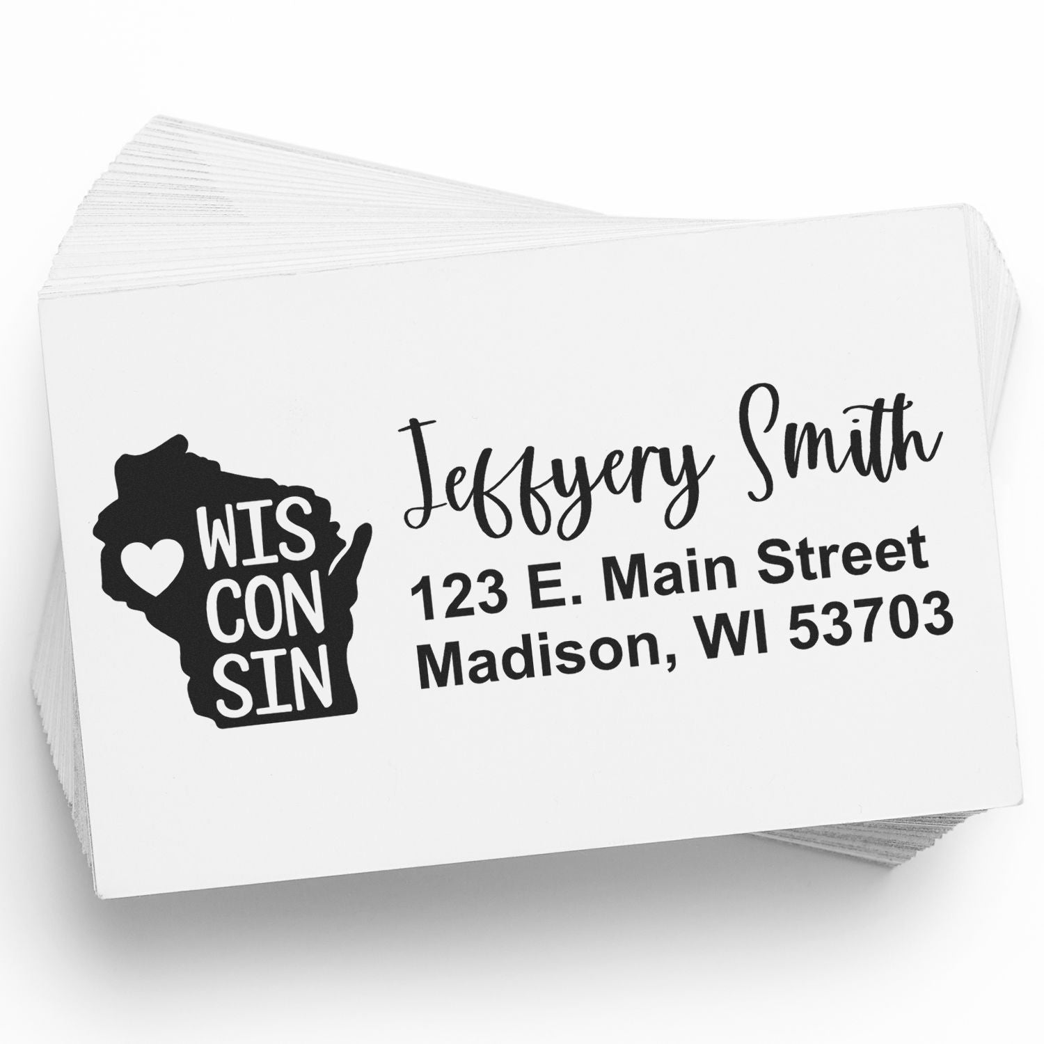 Custom Wisconsin return address rubber stamp with name Jeffrey Smith and Madison, WI address for mailing labels.
