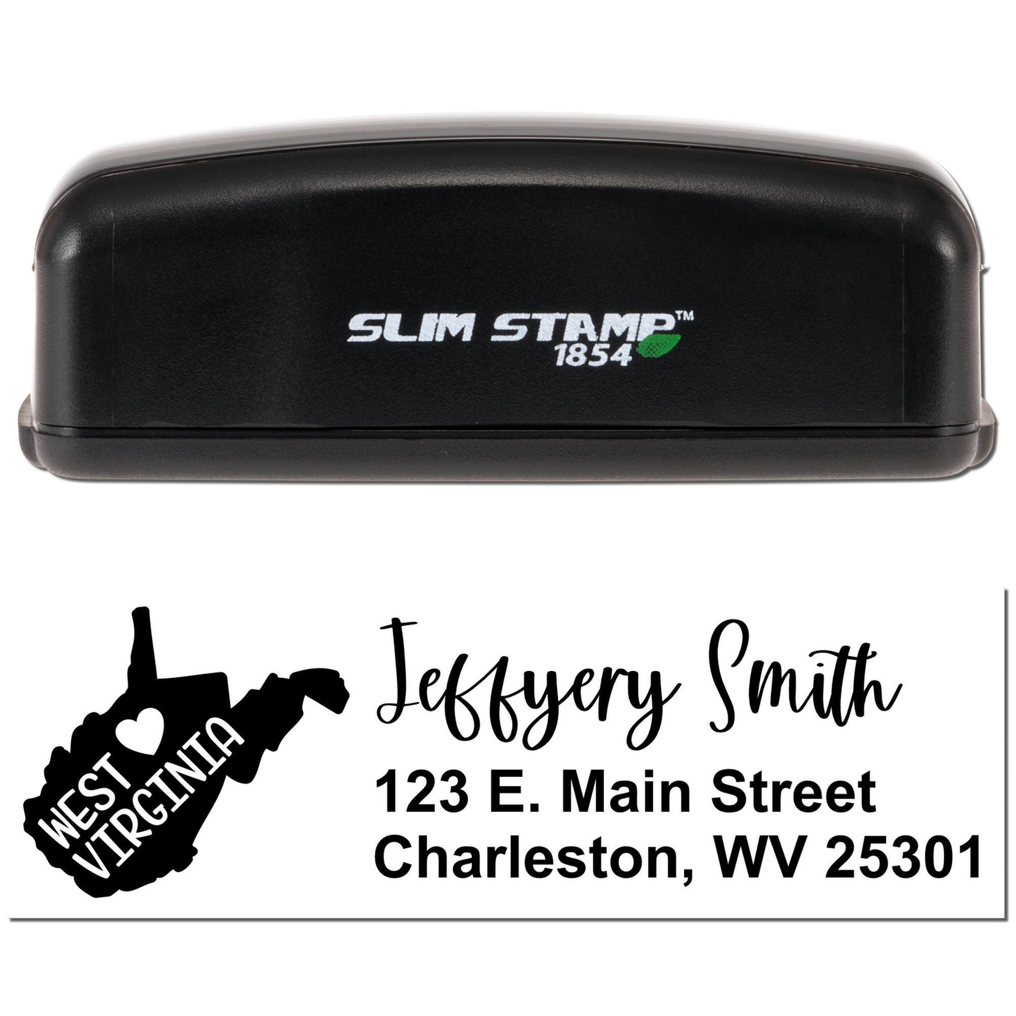Custom West Virginia address rubber stamp for Jeffrey Smith, Charleston WV, shown with Slim Stamp 1854 self-inking stamper.