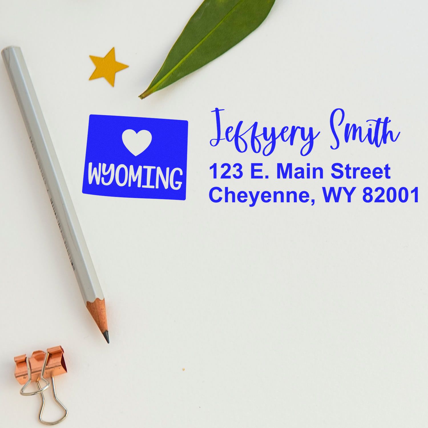 Custom return address rubber stamp with Wyoming design, personalized name and Cheyenne address for stationery and mailings