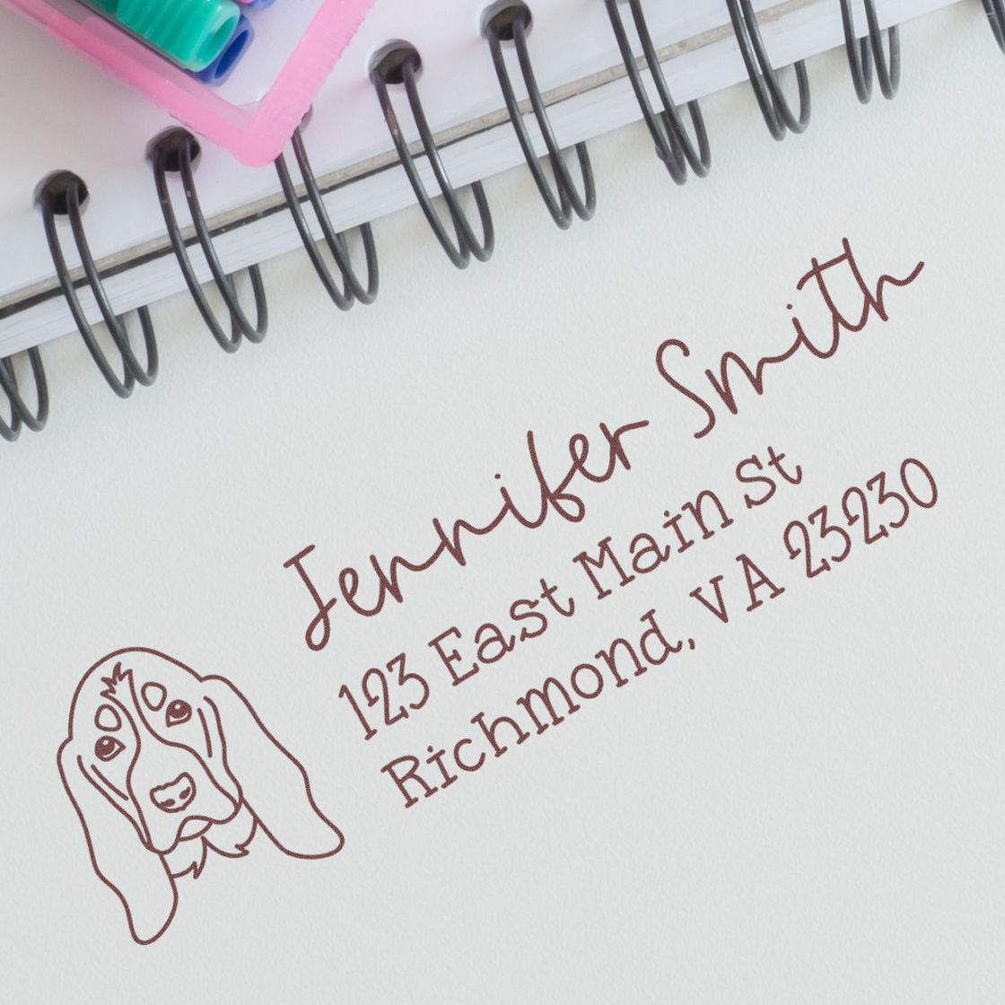 Personalized rubber return address stamp for Jennifer Smith in Richmond, VA with dog illustration.